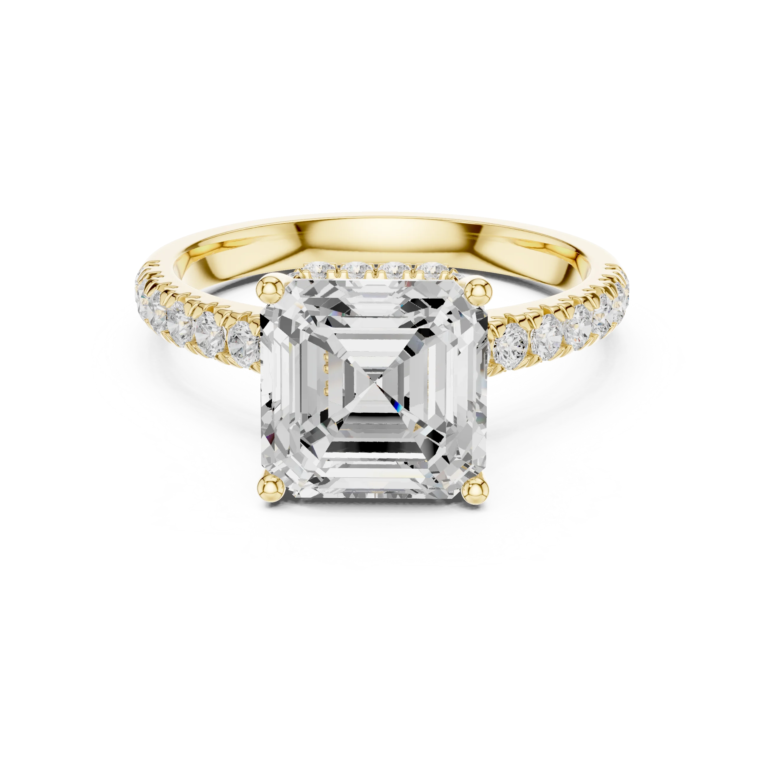 Asscher Cut Diamond Hidden Halo Engagement Ring with Pave Band