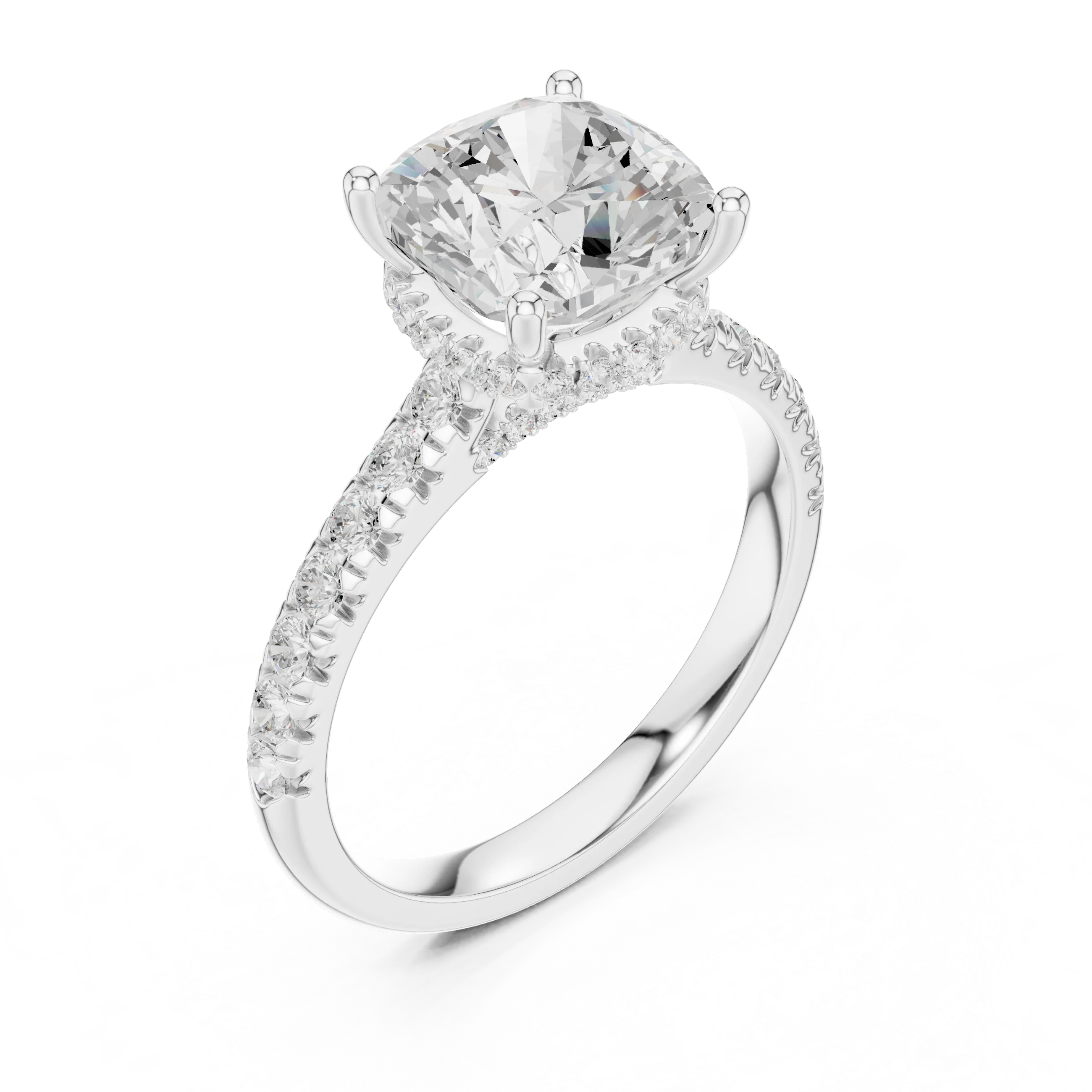 Cushion Cut Diamond Hidden Halo Engagement Ring with Pave Band