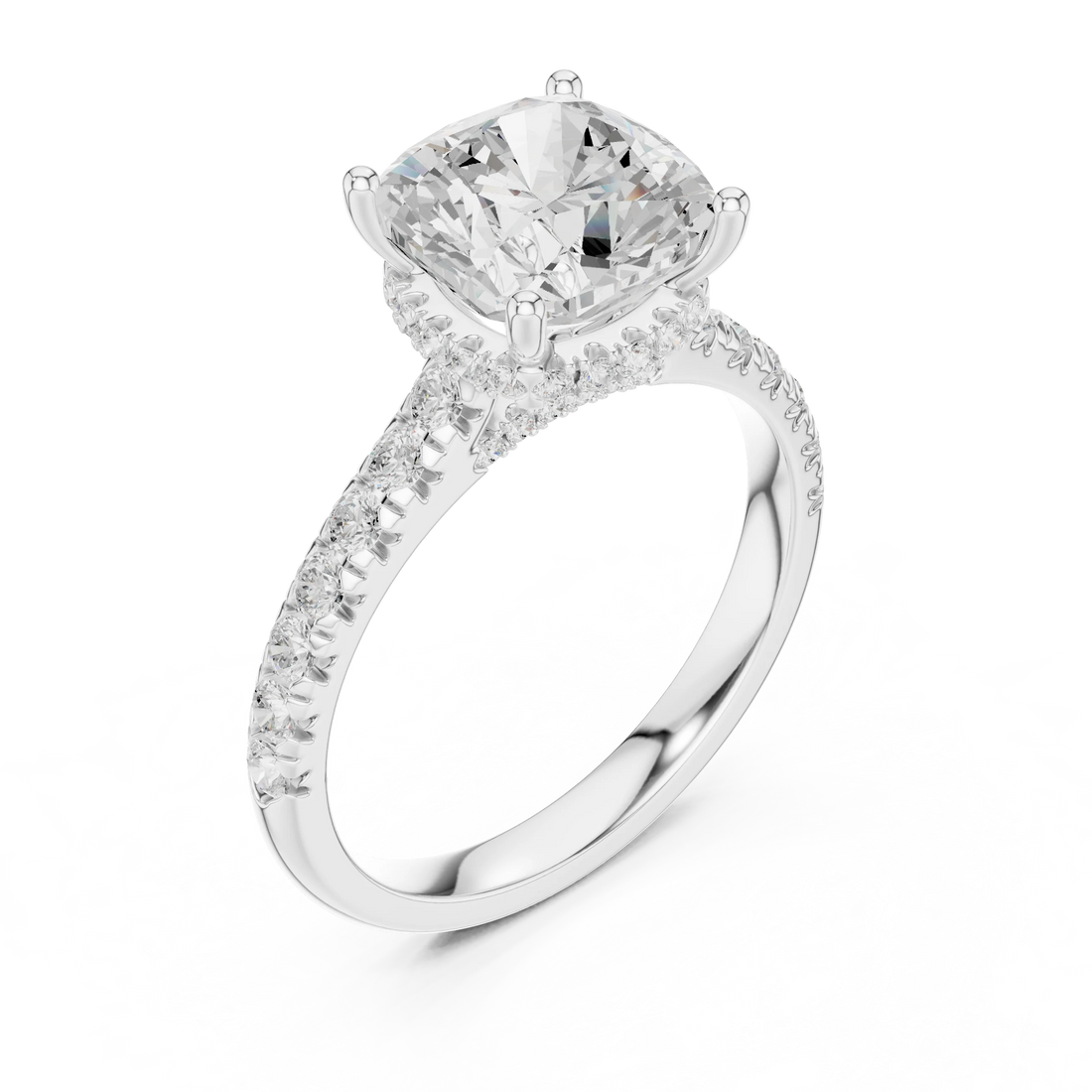 Cushion Cut Diamond Hidden Halo Engagement Ring with Pave Band