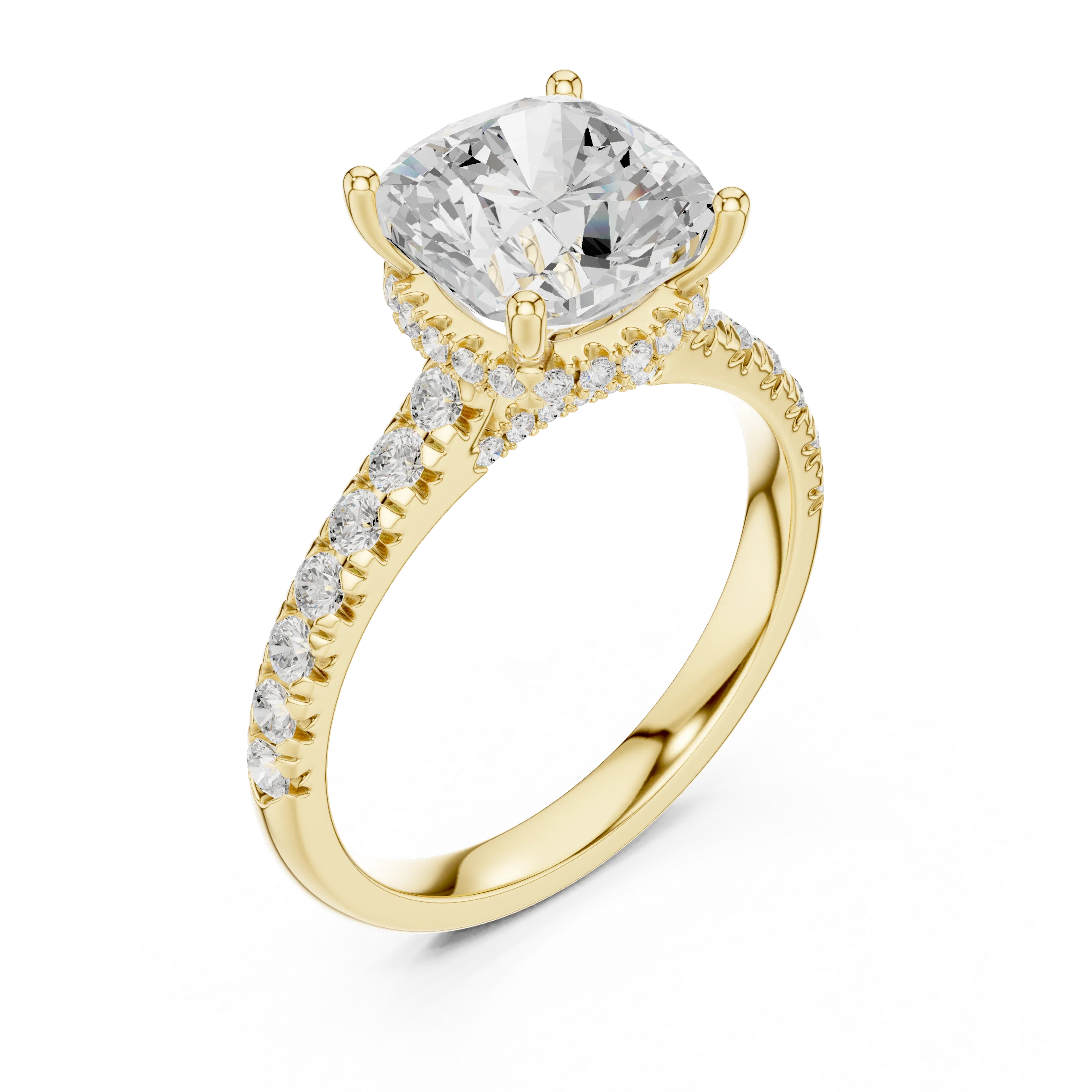 Cushion Cut Diamond Hidden Halo Engagement Ring with Pave Band