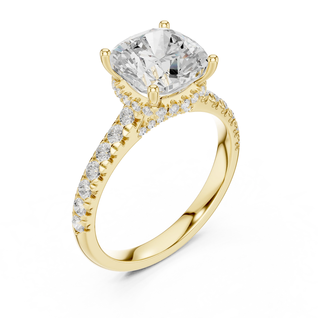 Cushion Cut Diamond Hidden Halo Engagement Ring with Pave Band