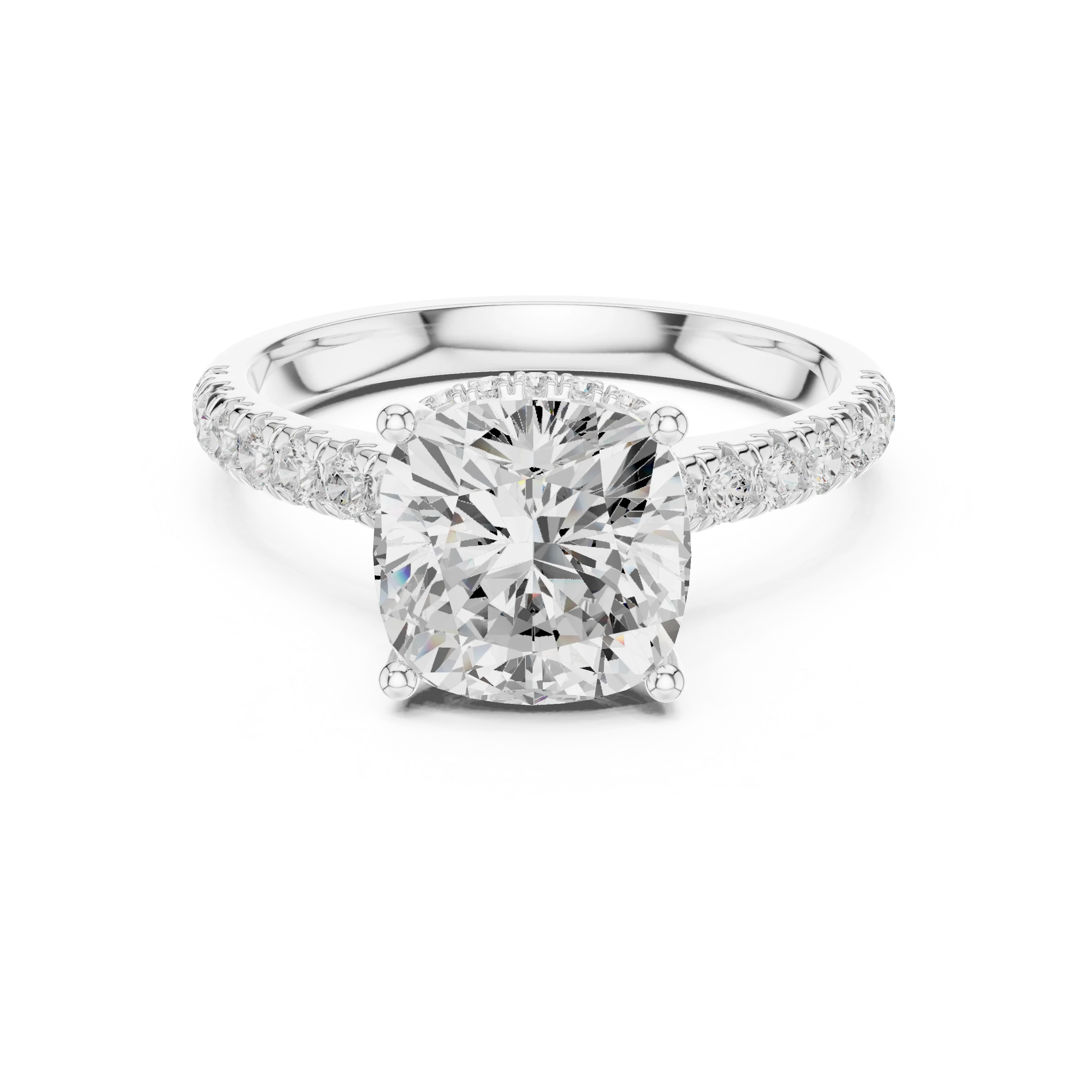 Cushion Cut Diamond Hidden Halo Engagement Ring with Pave Band