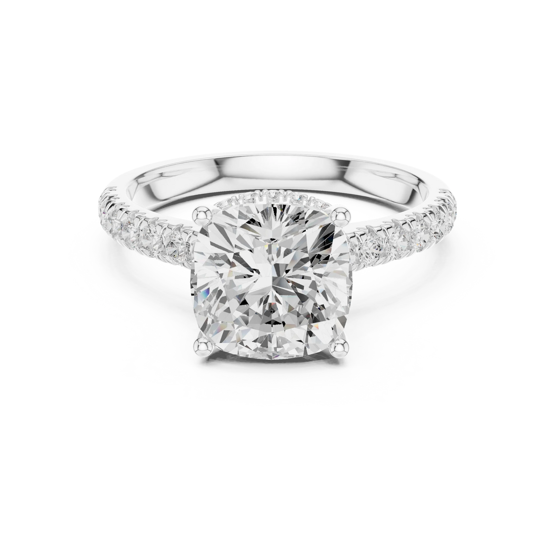 Cushion Cut Diamond Hidden Halo Engagement Ring with Pave Band