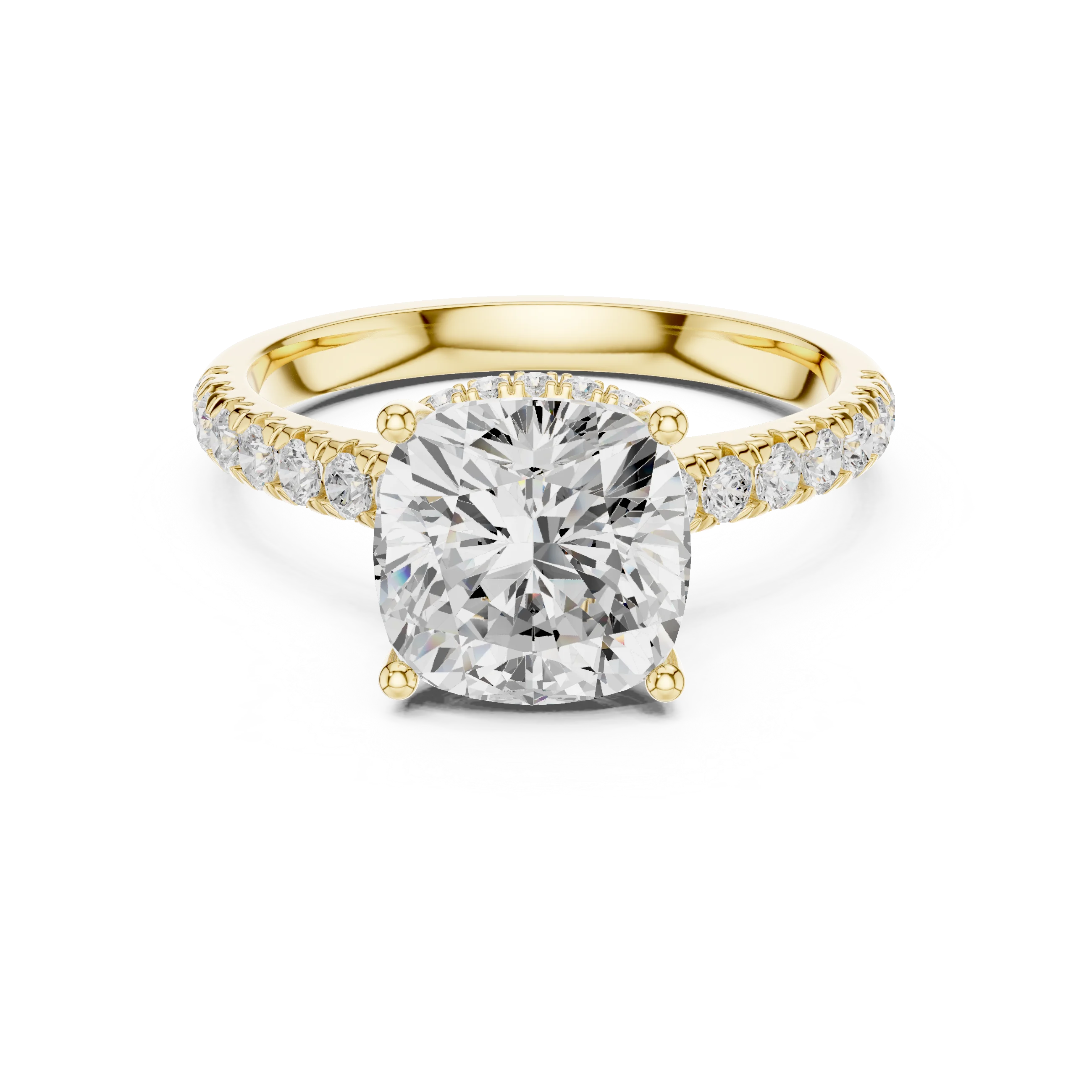Cushion Cut Diamond Hidden Halo Engagement Ring with Pave Band