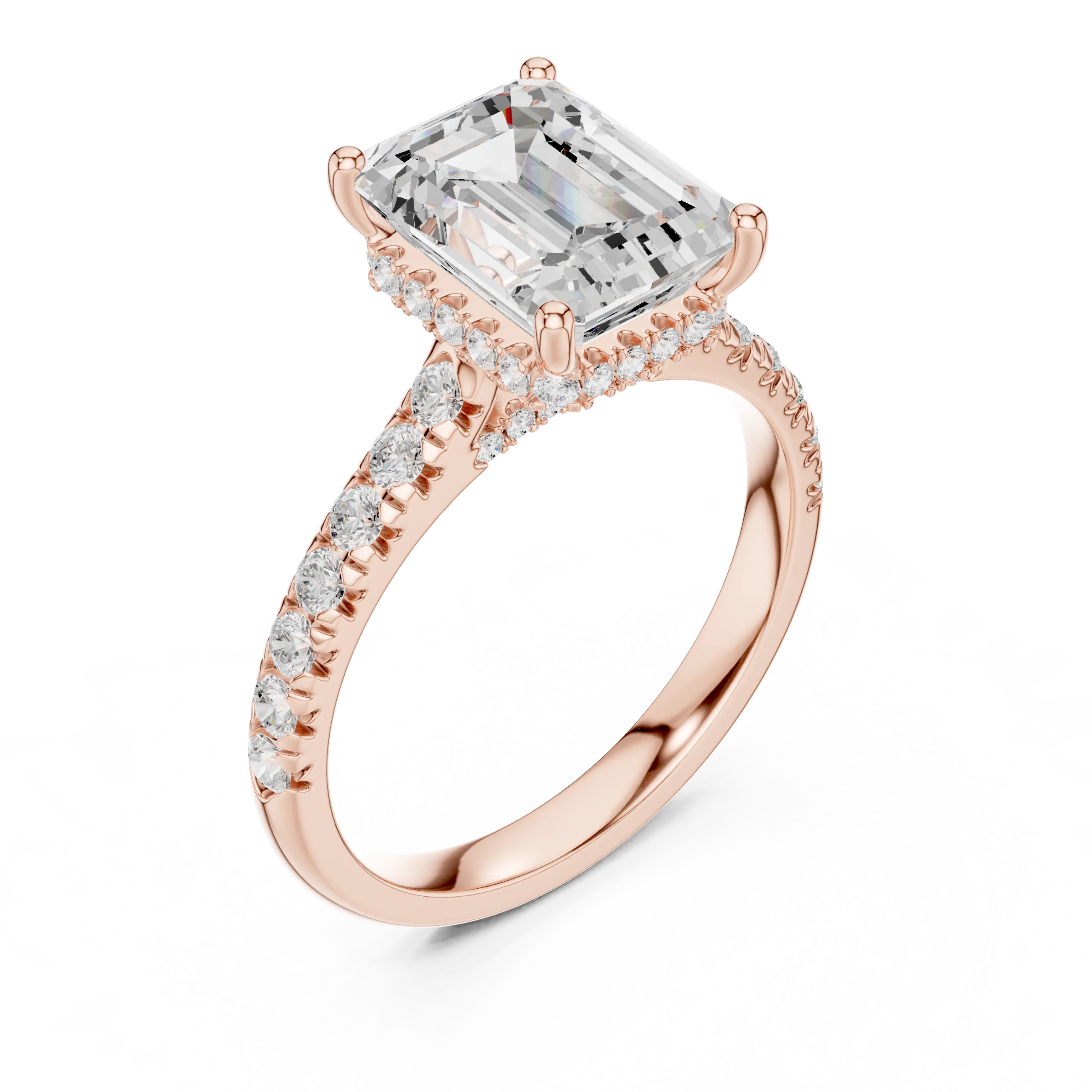 Emerald Cut Diamond Hidden Halo Engagement Ring with Pave Band