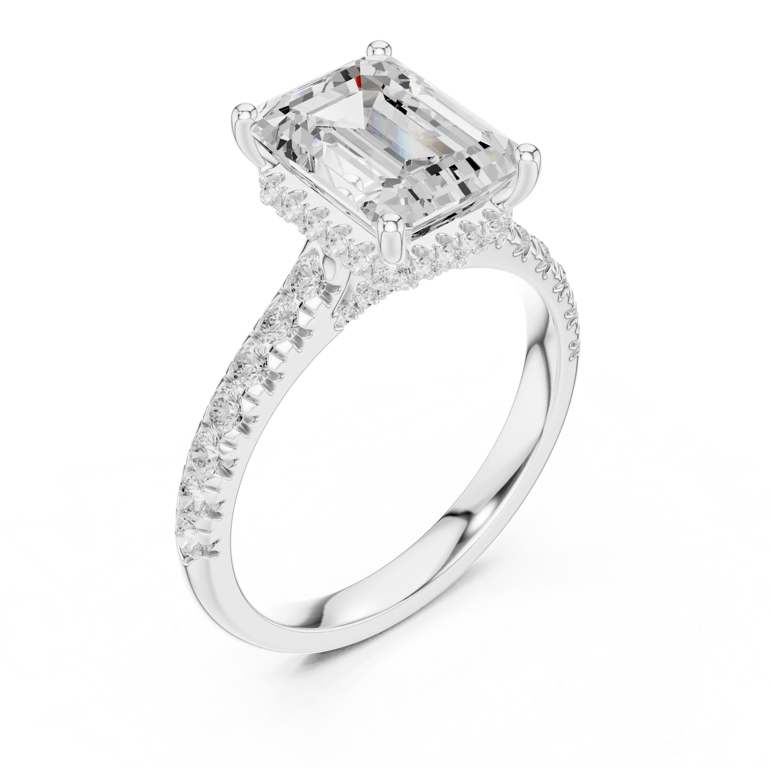 Emerald Cut Diamond Hidden Halo Engagement Ring with Pave Band