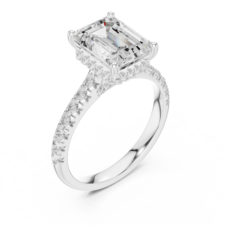 Emerald Cut Diamond Hidden Halo Engagement Ring with Pave Band