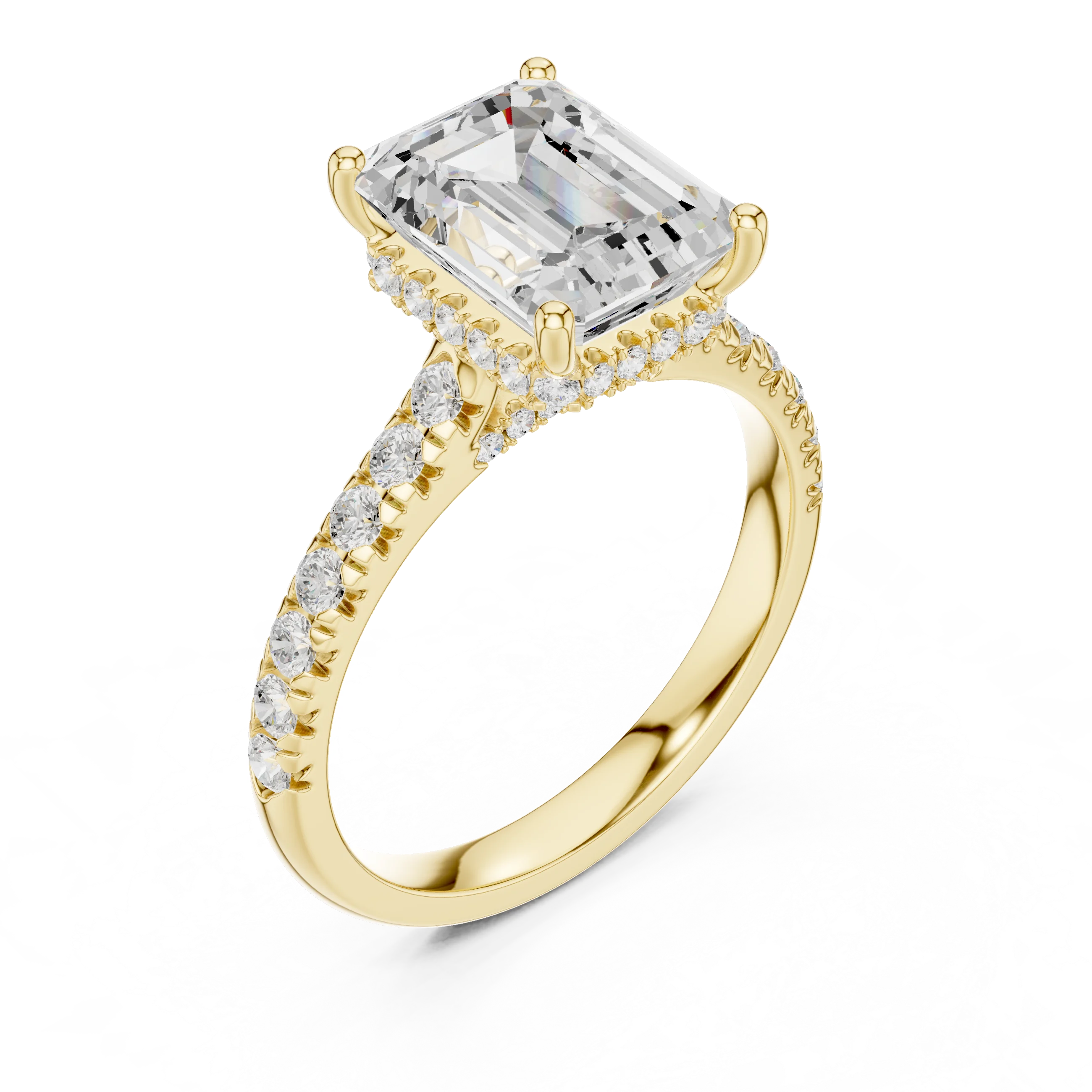 Emerald Cut Diamond Hidden Halo Engagement Ring with Pave Band