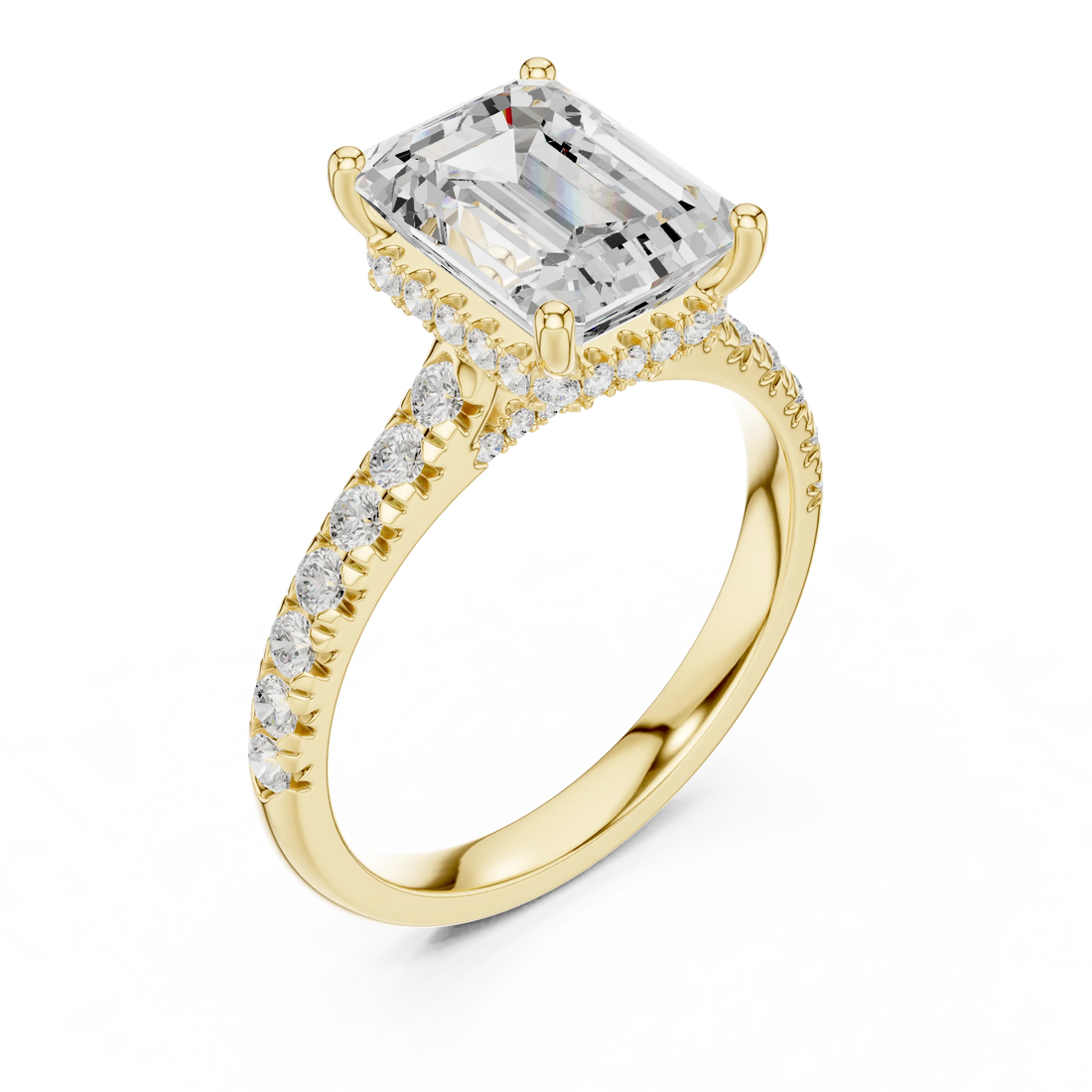 Emerald Cut Diamond Hidden Halo Engagement Ring with Pave Band