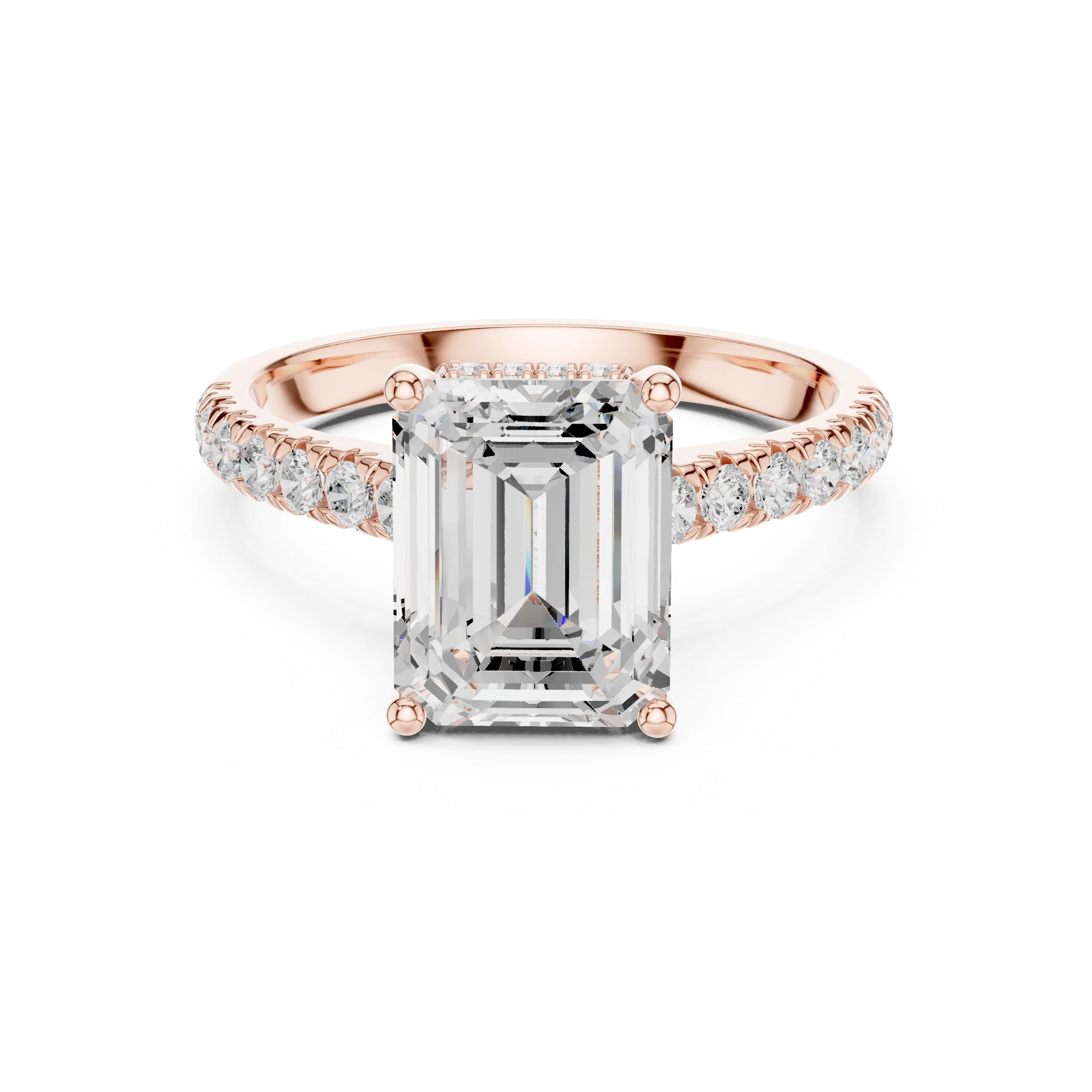 Emerald Cut Diamond Hidden Halo Engagement Ring with Pave Band