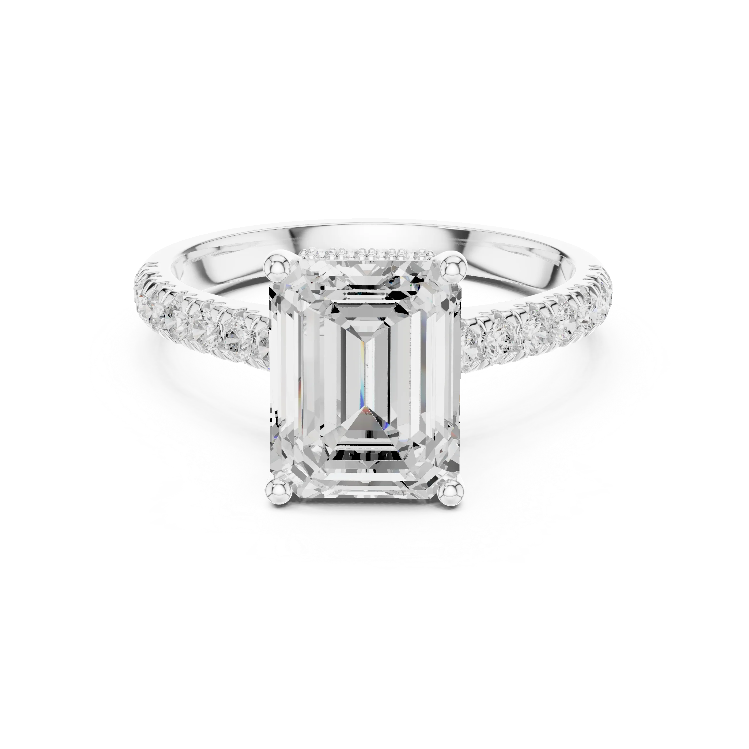 Emerald Cut Diamond Hidden Halo Engagement Ring with Pave Band