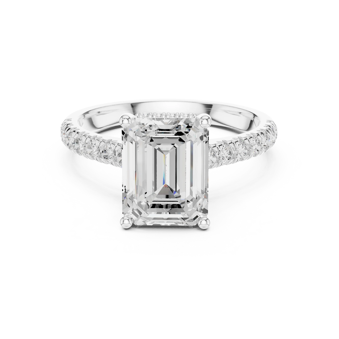 Emerald Cut Diamond Hidden Halo Engagement Ring with Pave Band