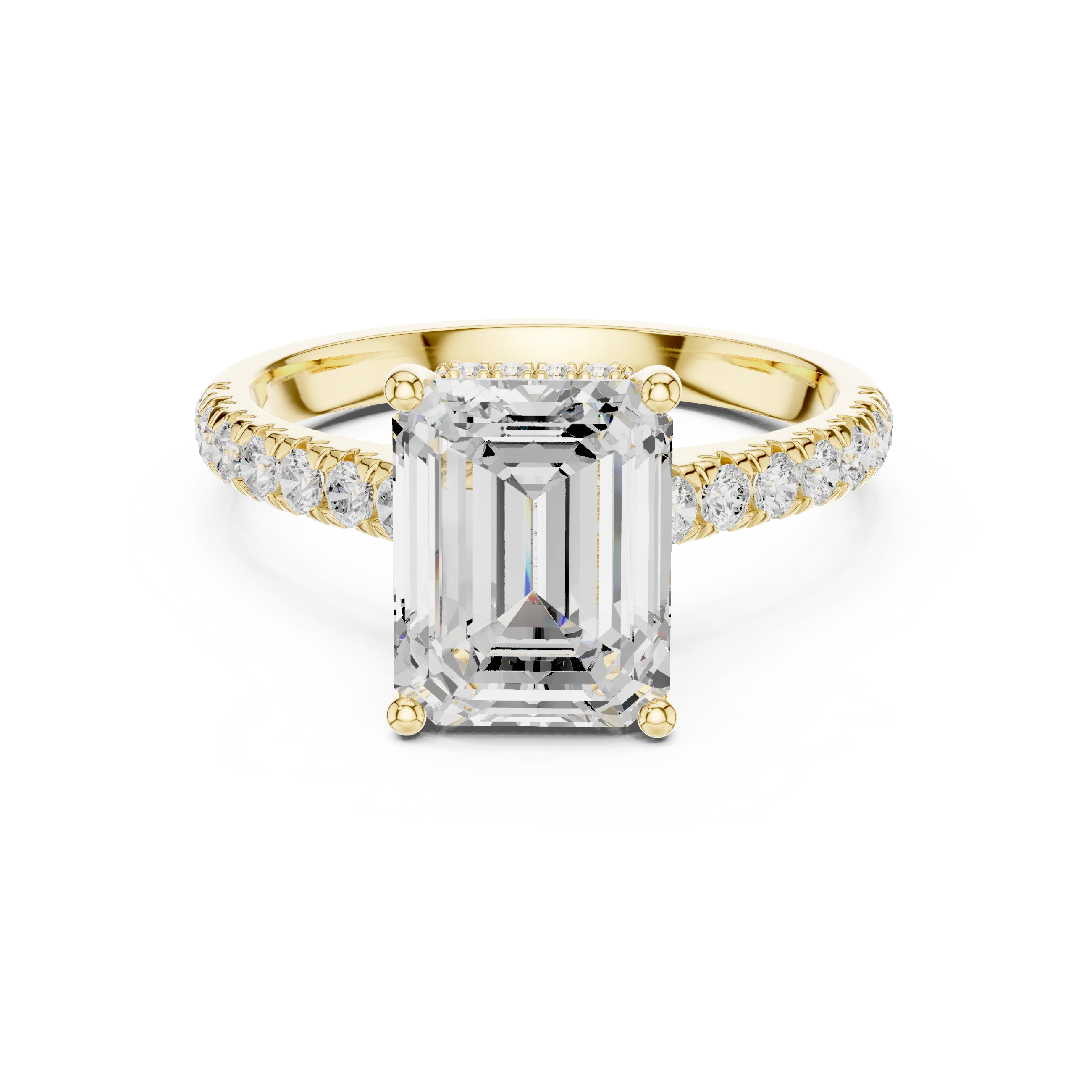 Emerald Cut Diamond Hidden Halo Engagement Ring with Pave Band