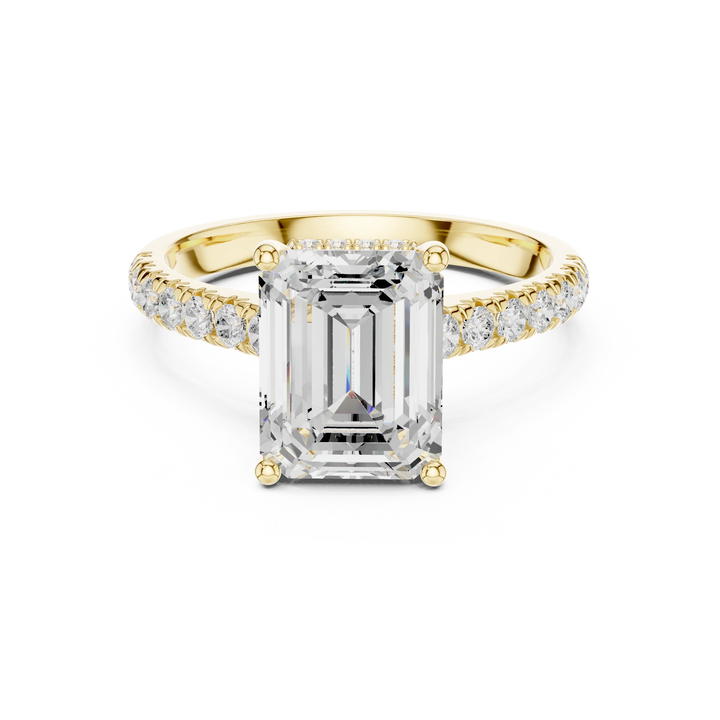 Emerald Cut Diamond Hidden Halo Engagement Ring with Pave Band