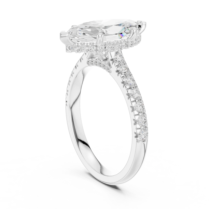 Marquise Cut Diamond Hidden Halo Engagement Ring with Pave Band
