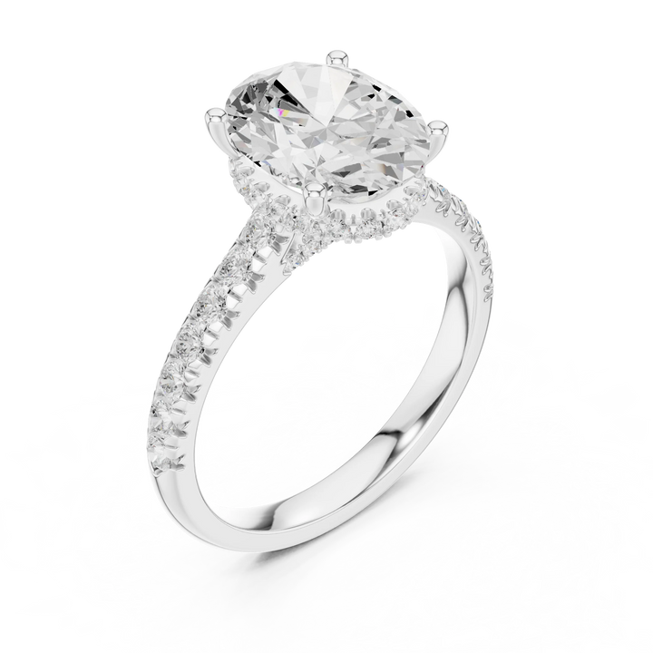 Oval Cut Diamond Hidden Halo Engagement Ring with Pave Band