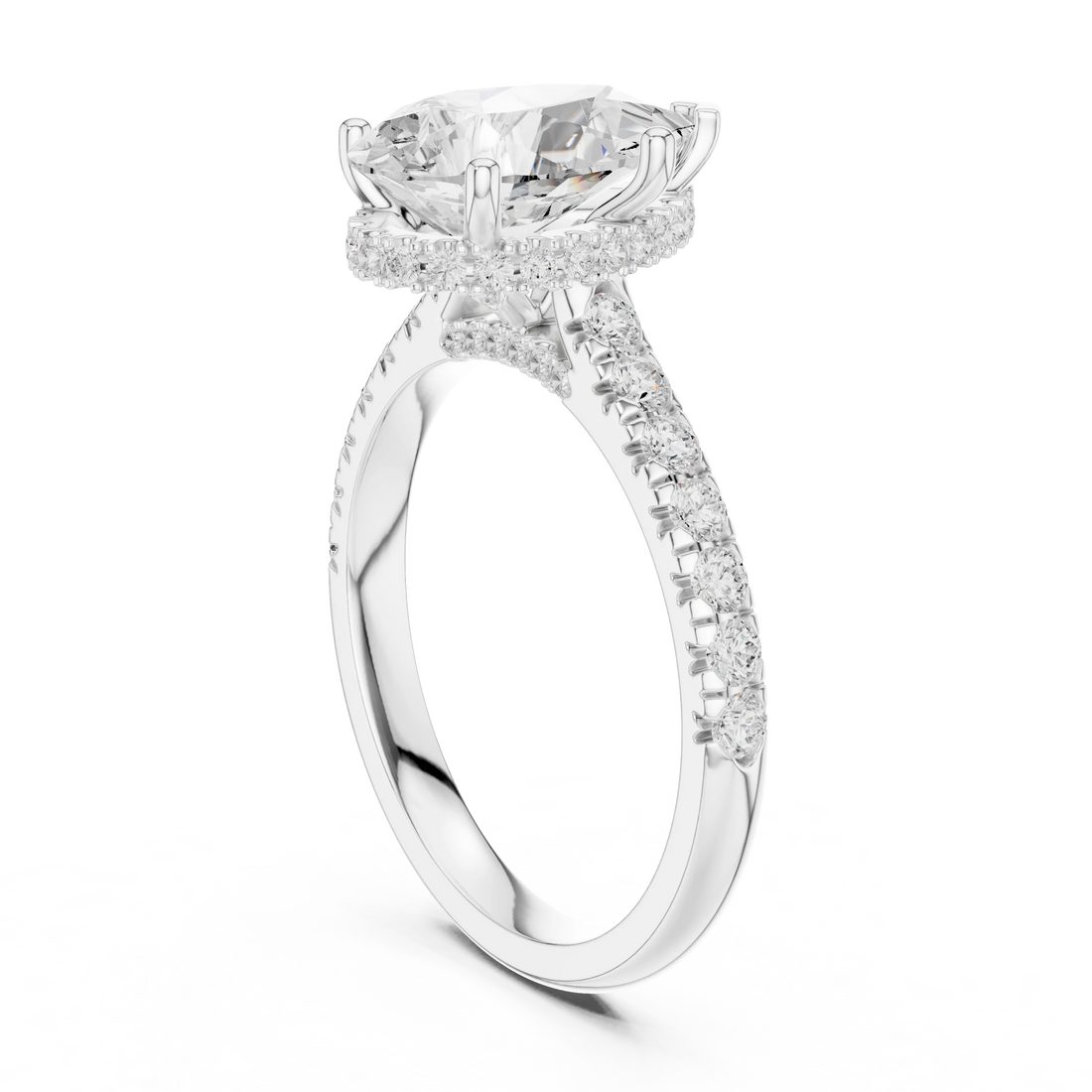 Pear Cut Diamond Hidden Halo Engagement Ring with Pave Band