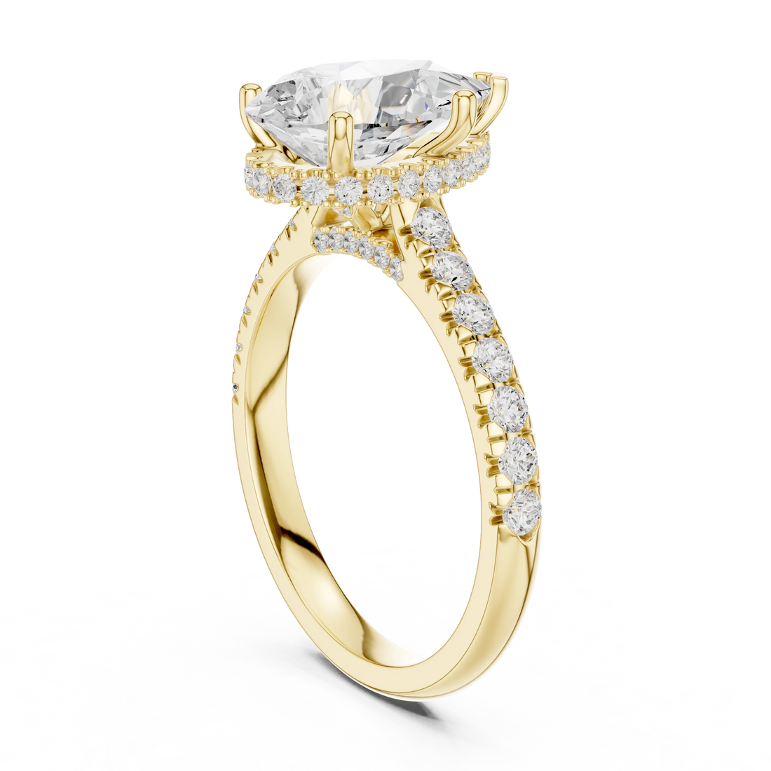 Pear Cut Diamond Hidden Halo Engagement Ring with Pave Band