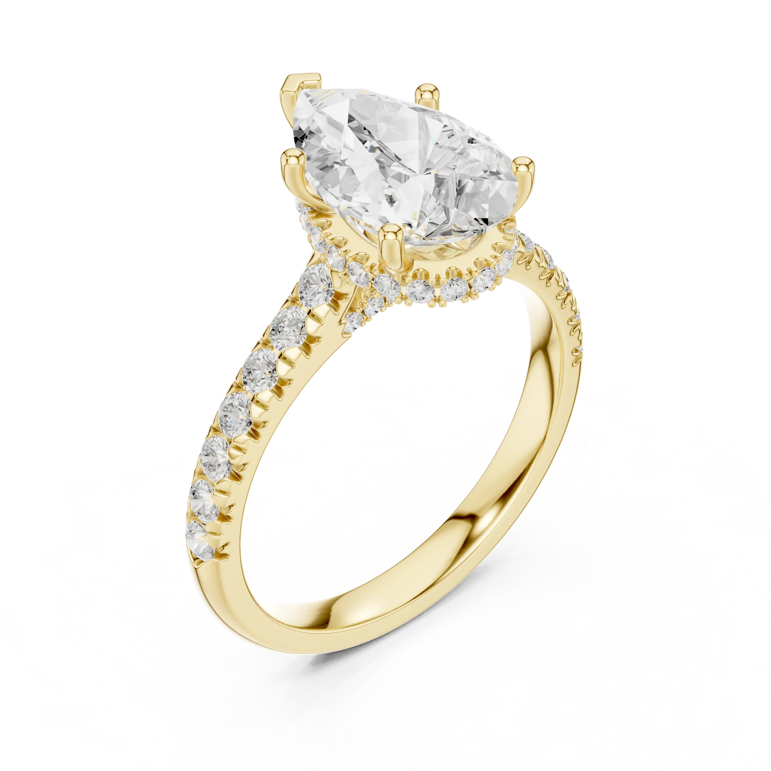 Pear Cut Diamond Hidden Halo Engagement Ring with Pave Band