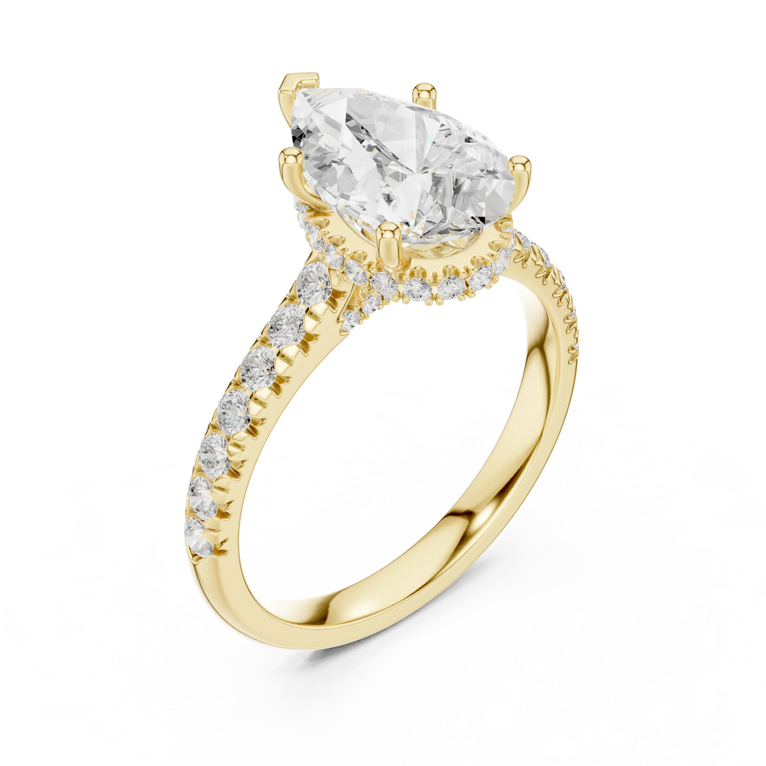 Pear Cut Diamond Hidden Halo Engagement Ring with Pave Band