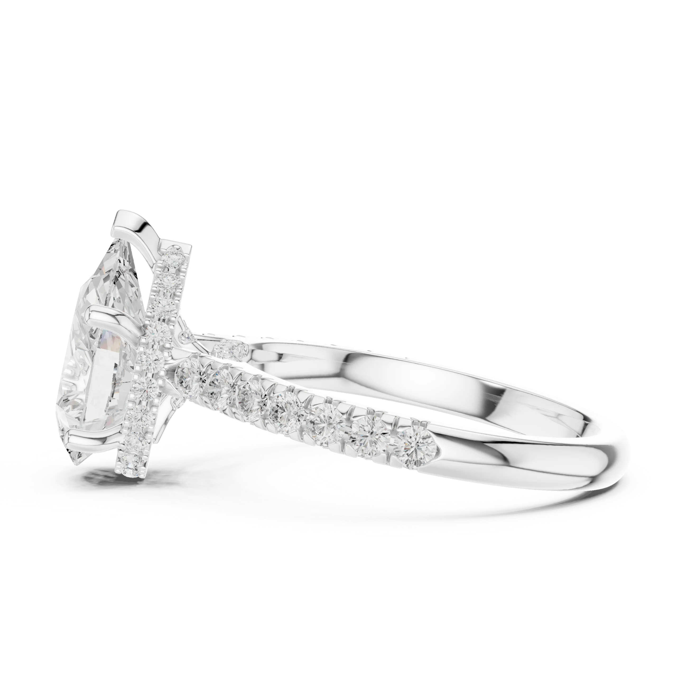 Pear Cut Diamond Hidden Halo Engagement Ring with Pave Band