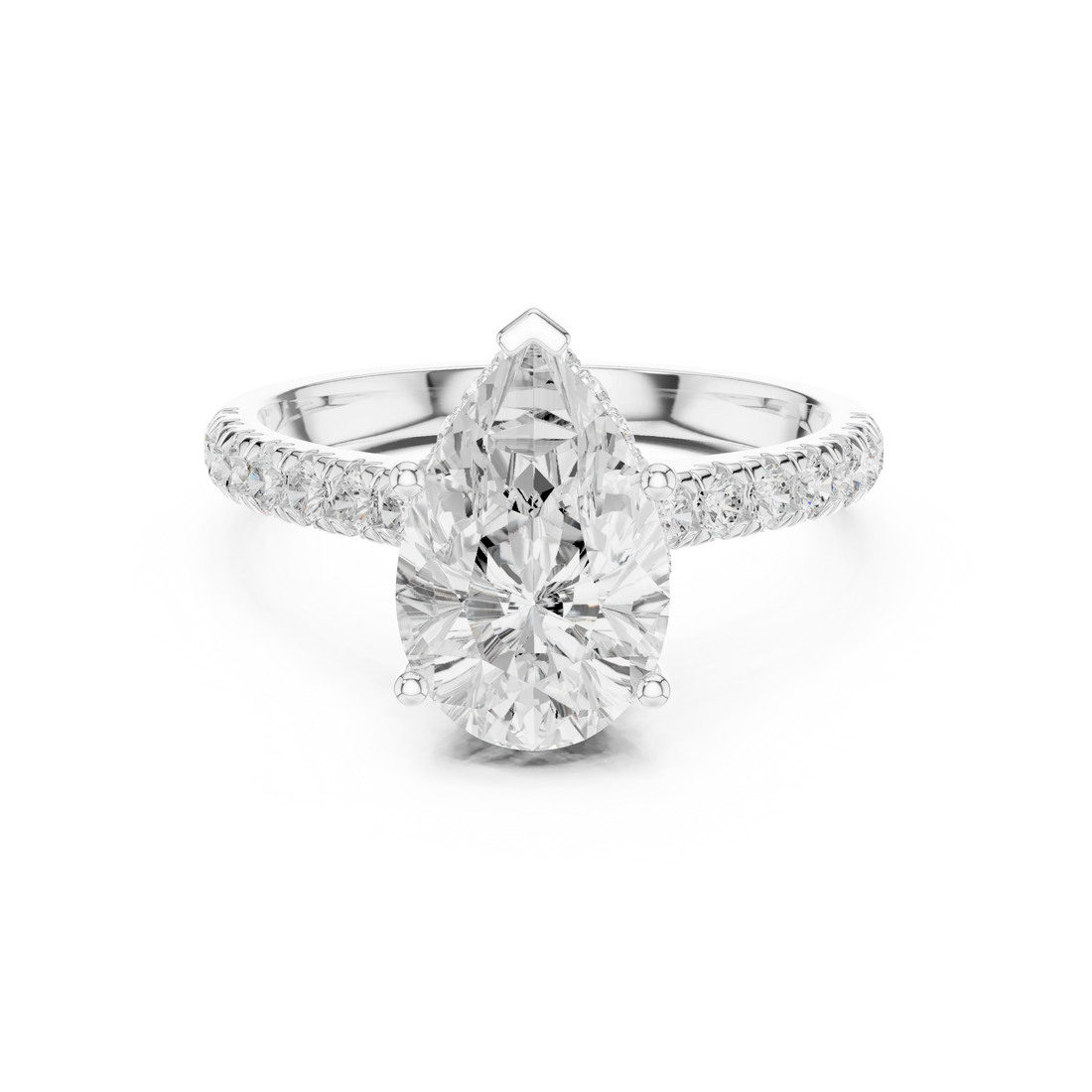 Pear Cut Diamond Hidden Halo Engagement Ring with Pave Band