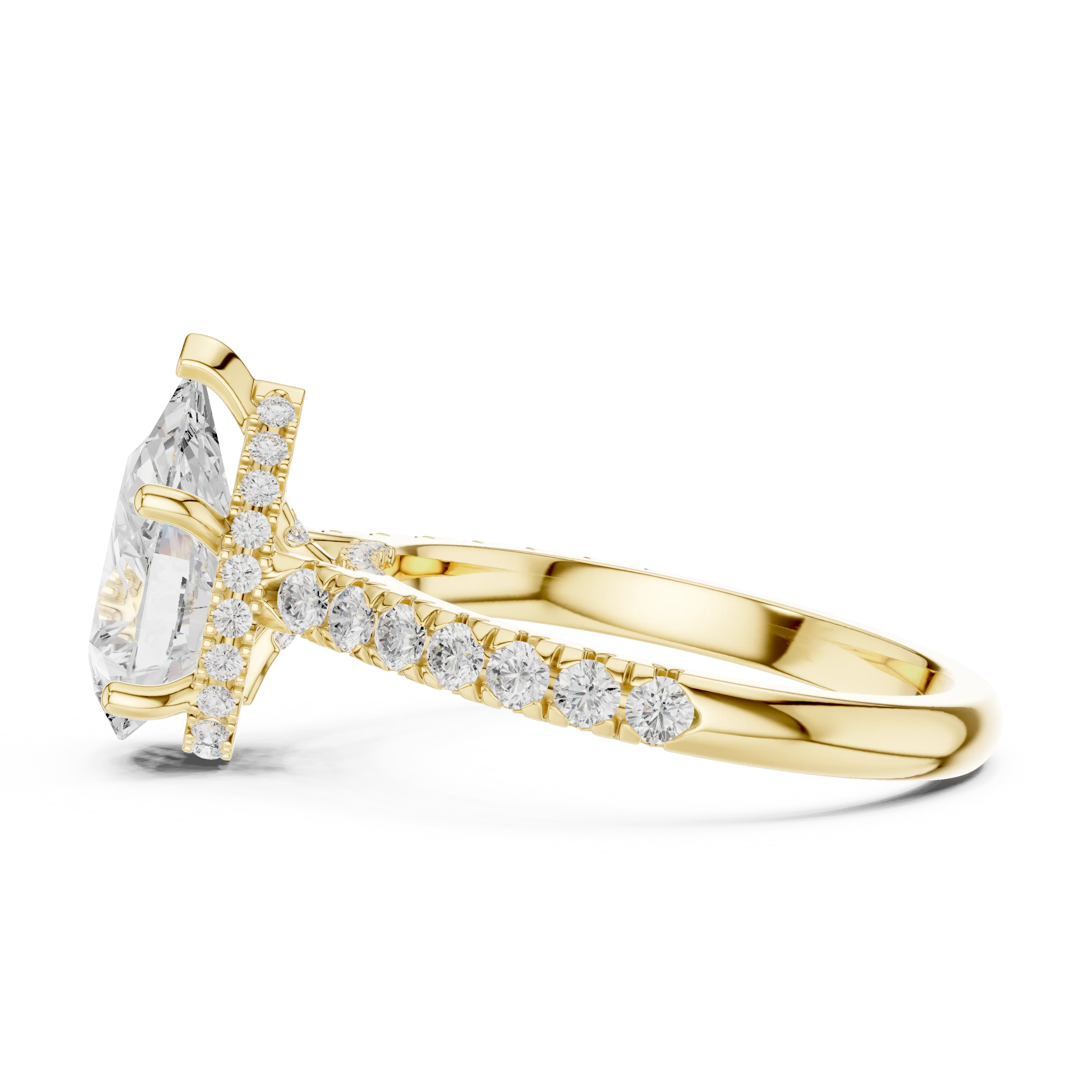 Pear Cut Diamond Hidden Halo Engagement Ring with Pave Band