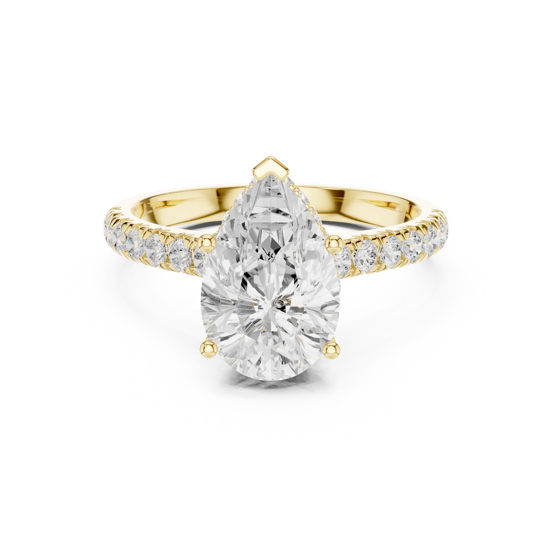 Pear Cut Diamond Hidden Halo Engagement Ring with Pave Band