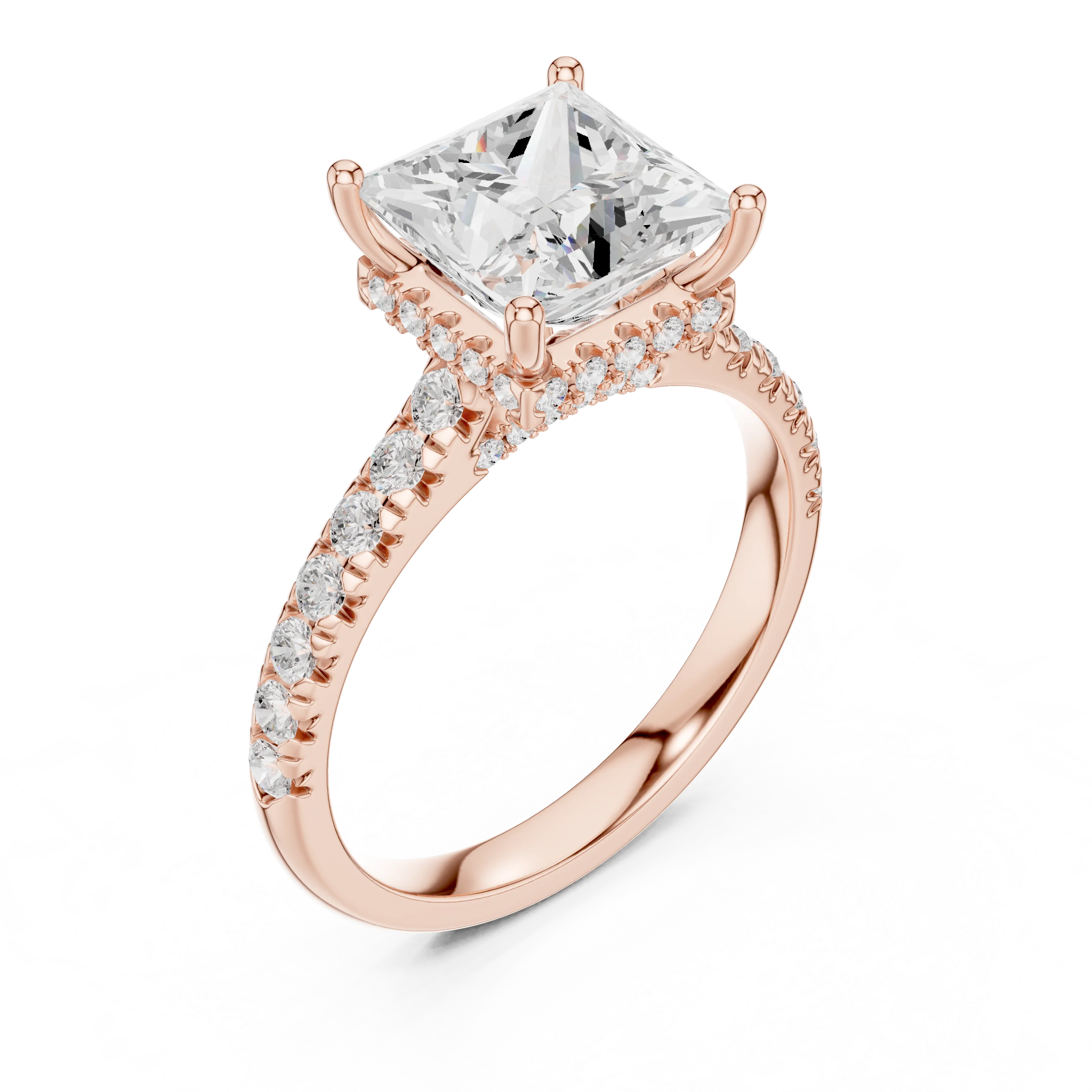 Princess Cut Diamond Hidden Halo Engagement Ring with Pave Band