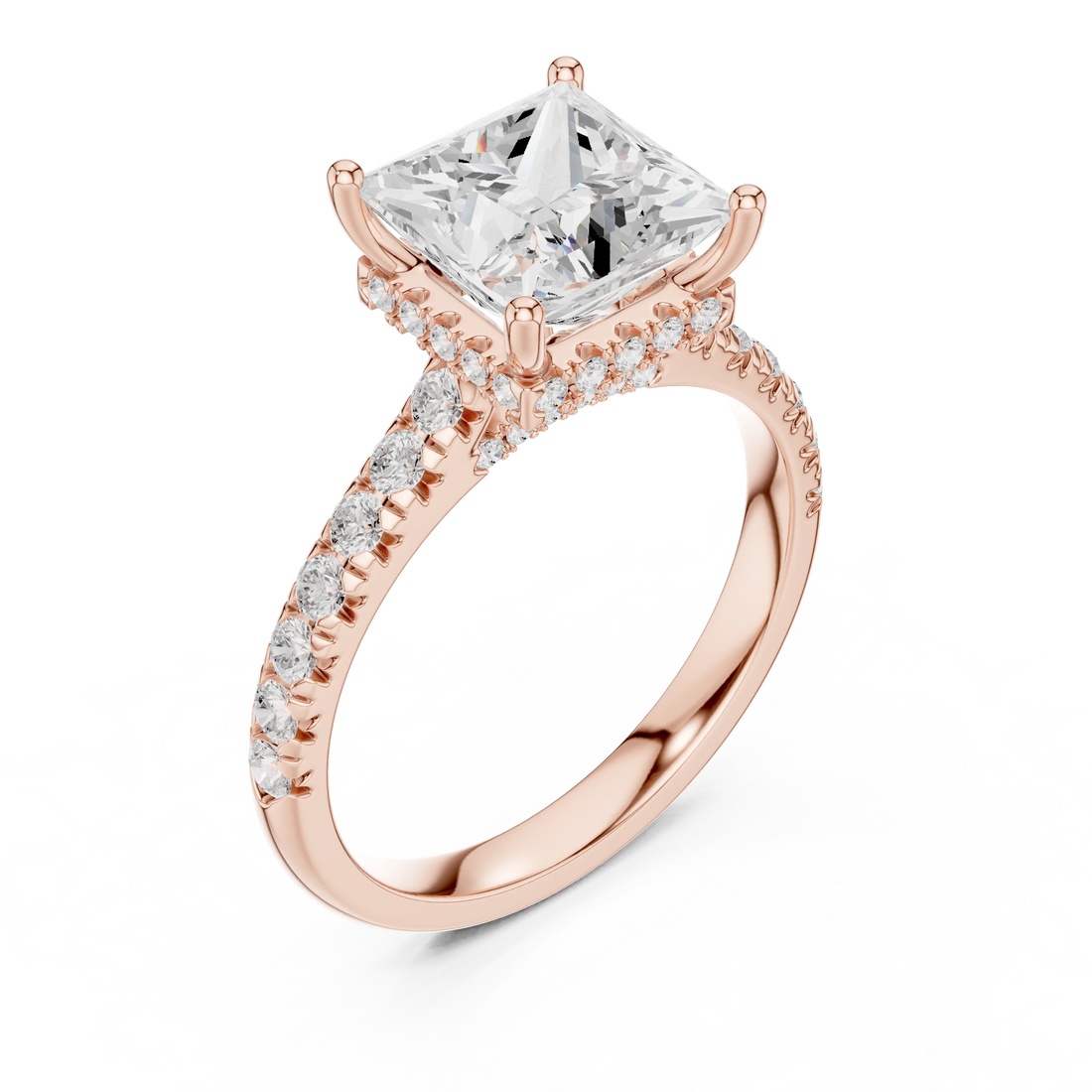 Princess Cut Diamond Hidden Halo Engagement Ring with Pave Band