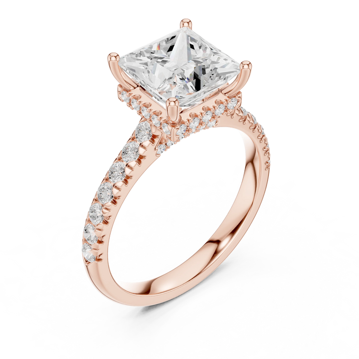 Princess Cut Diamond Hidden Halo Engagement Ring with Pave Band