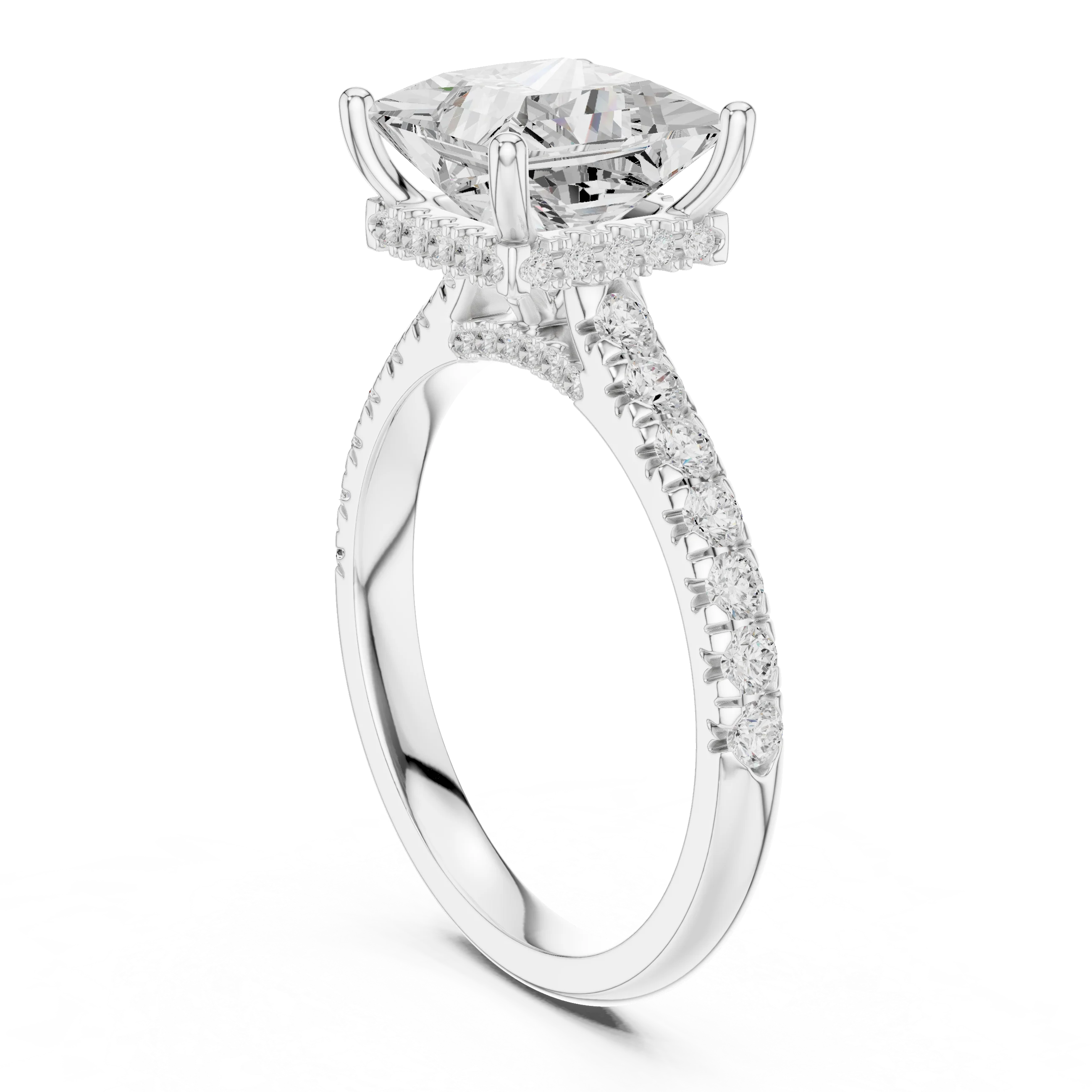 Princess Cut Diamond Hidden Halo Engagement Ring with Pave Band