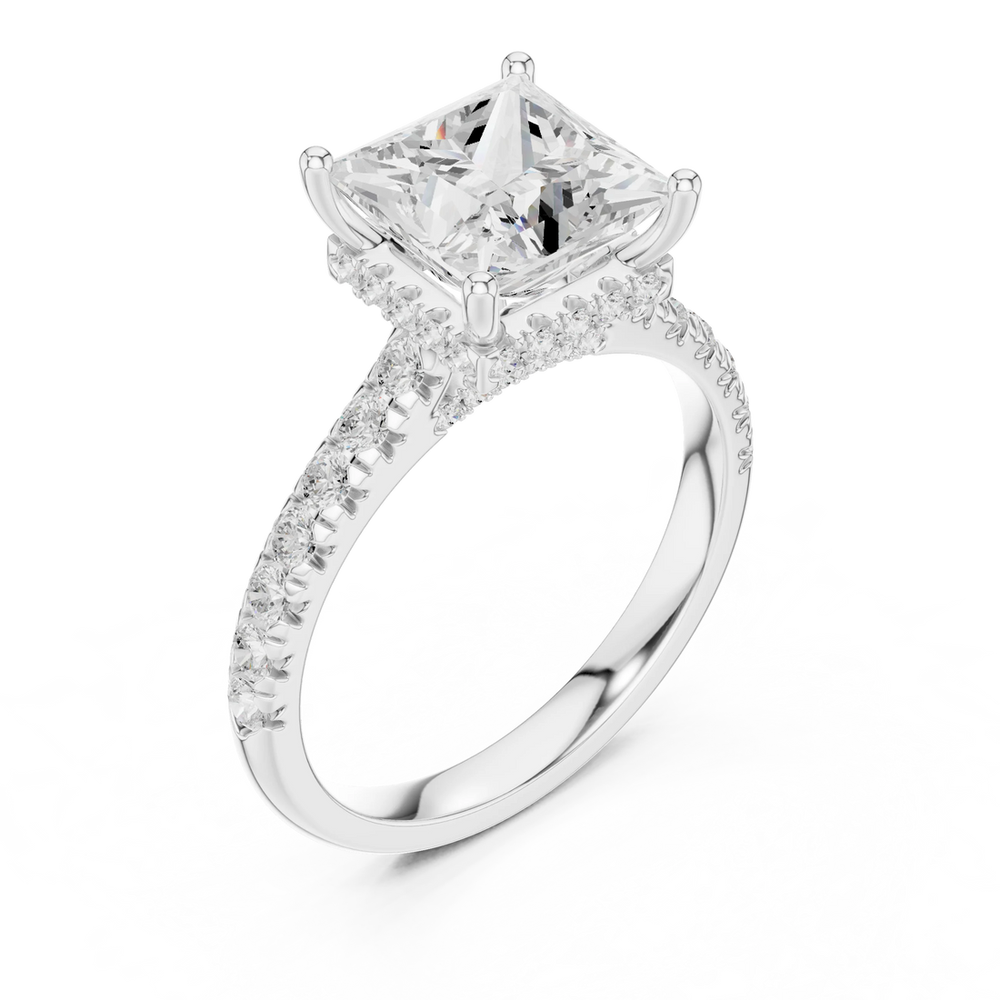 Princess Cut Diamond Hidden Halo Engagement Ring with Pave Band