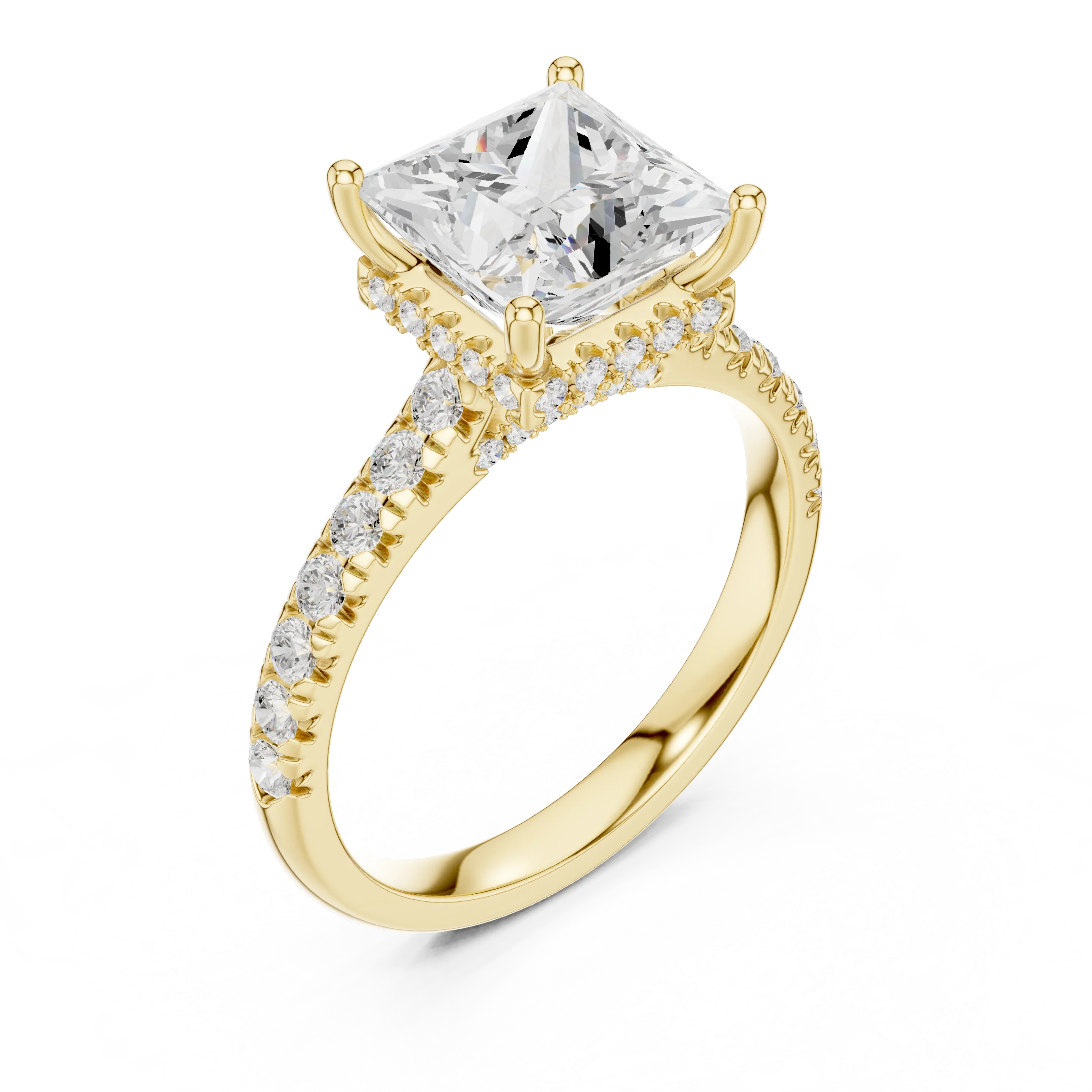 Princess Cut Diamond Hidden Halo Engagement Ring with Pave Band