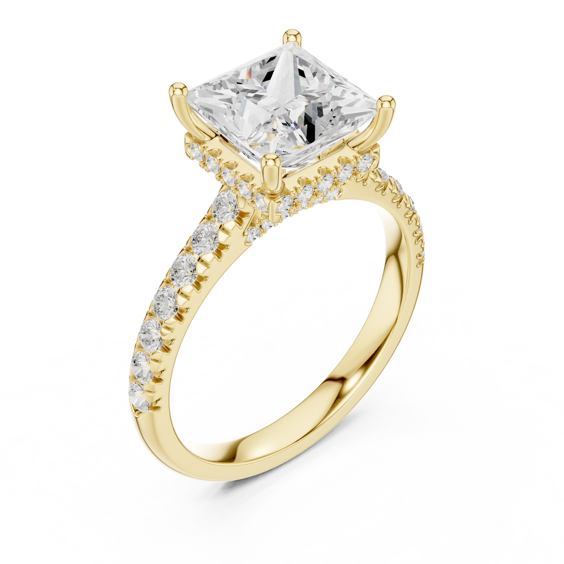 Princess Cut Diamond Hidden Halo Engagement Ring with Pave Band