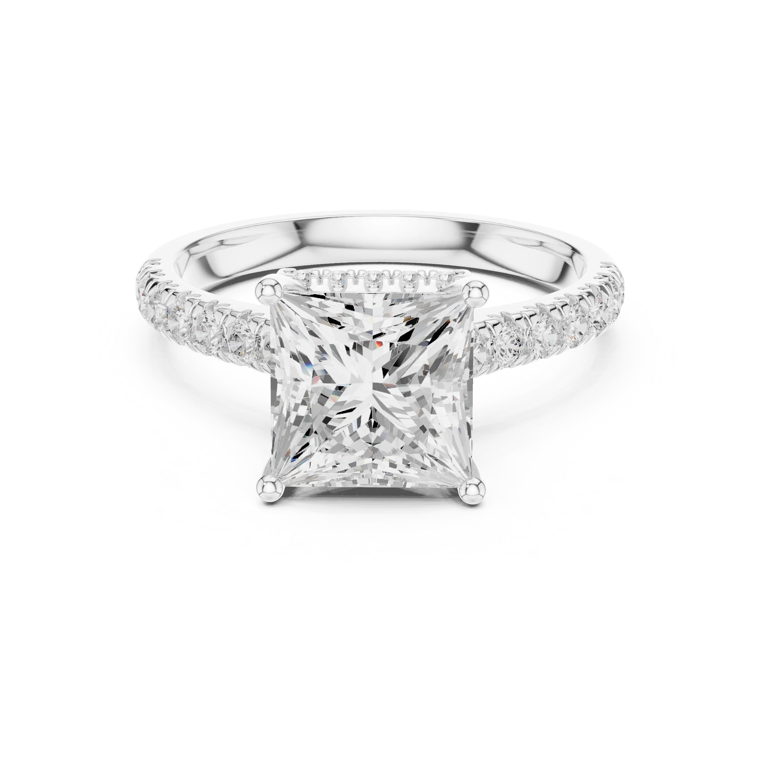 Princess Cut Diamond Hidden Halo Engagement Ring with Pave Band