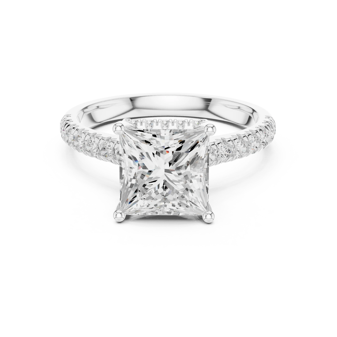 Princess Cut Diamond Hidden Halo Engagement Ring with Pave Band