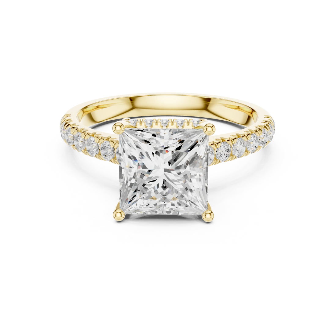 Princess Cut Diamond Hidden Halo Engagement Ring with Pave Band