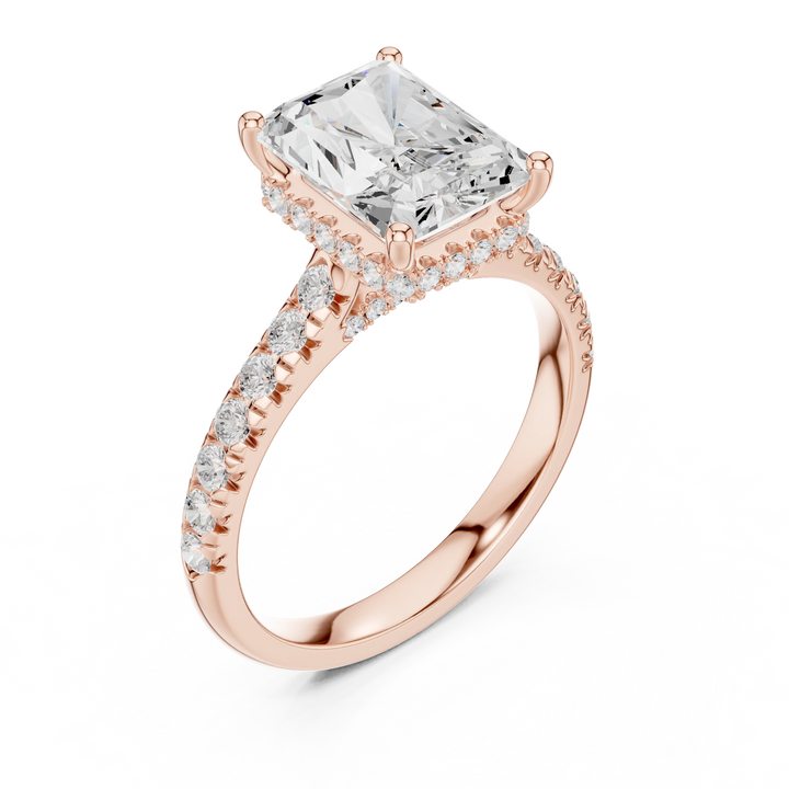 Radiant Cut Diamond Hidden Halo Engagement Ring with Pave Band