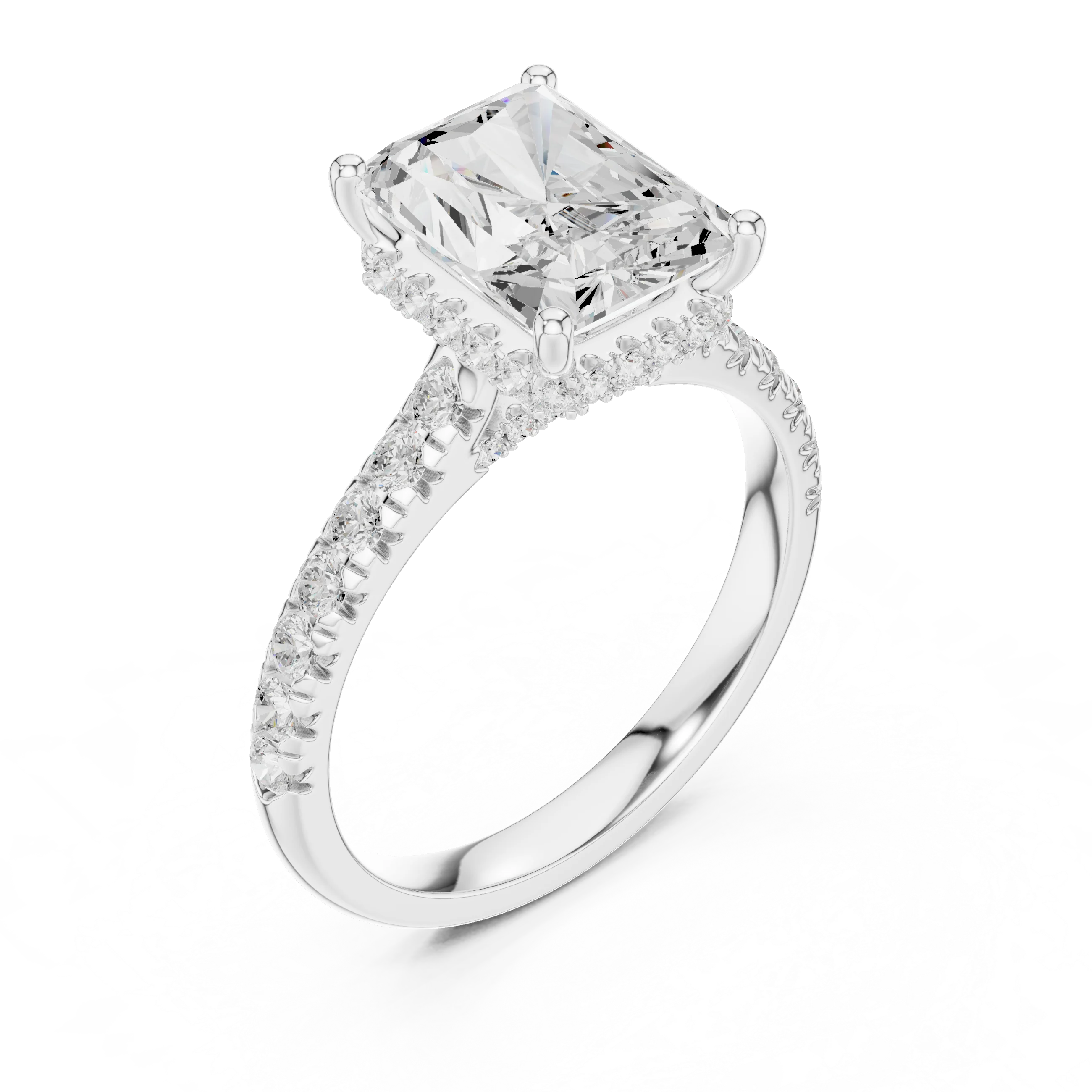 Radiant Cut Diamond Hidden Halo Engagement Ring with Pave Band