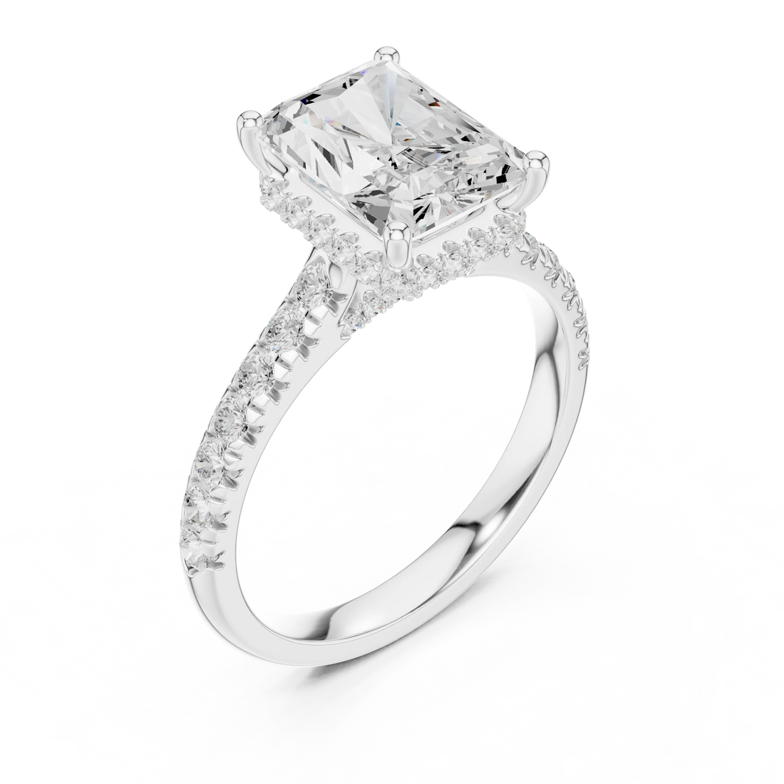 Radiant Cut Diamond Hidden Halo Engagement Ring with Pave Band