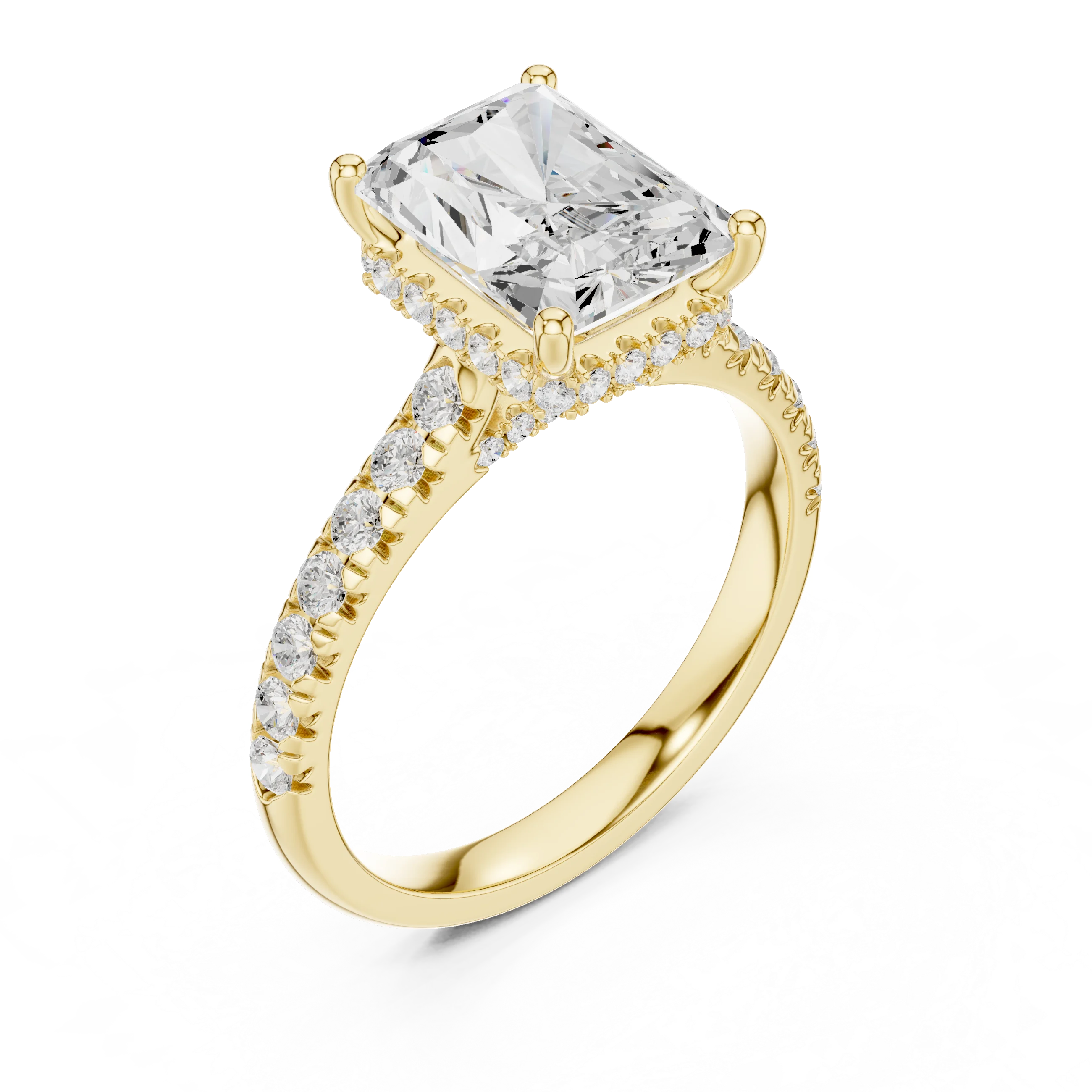 Radiant Cut Diamond Hidden Halo Engagement Ring with Pave Band