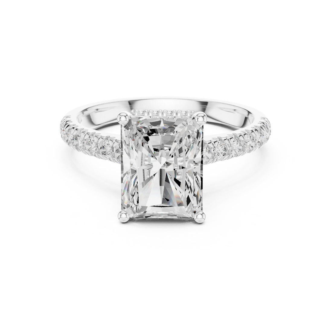 Radiant Cut Diamond Hidden Halo Engagement Ring with Pave Band