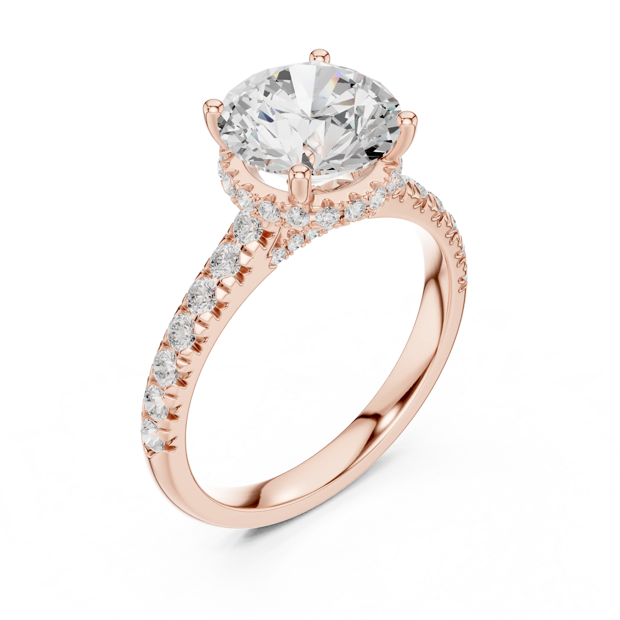 Round Cut Diamond Hidden Halo Engagement Ring with Pave Band