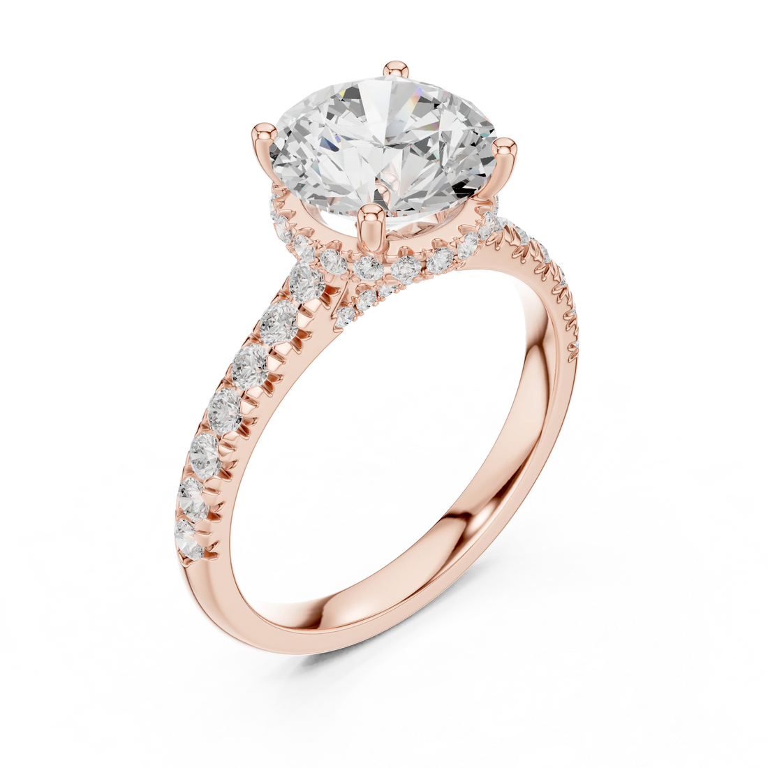 Round Cut Diamond Hidden Halo Engagement Ring with Pave Band