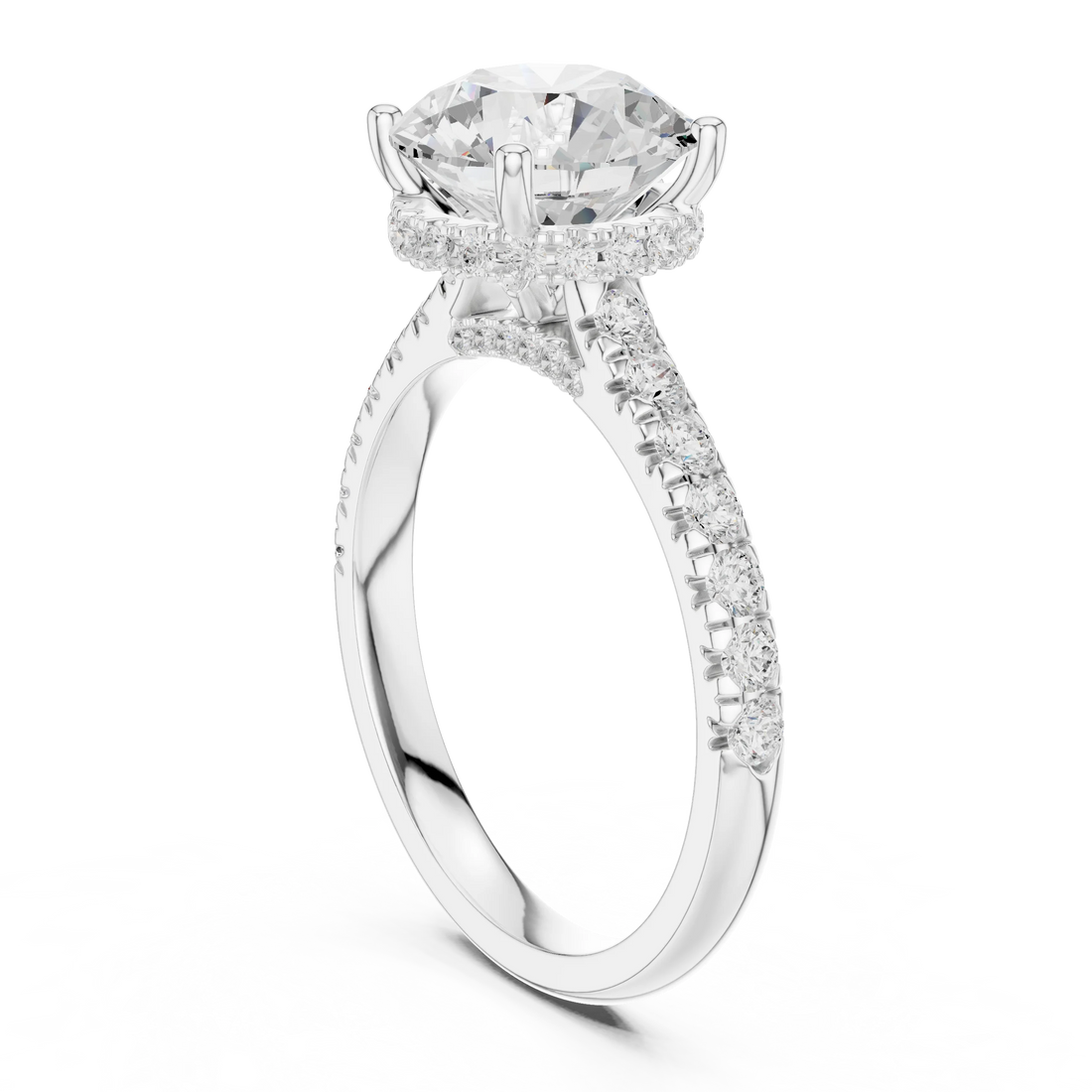 Round Cut Diamond Hidden Halo Engagement Ring with Pave Band