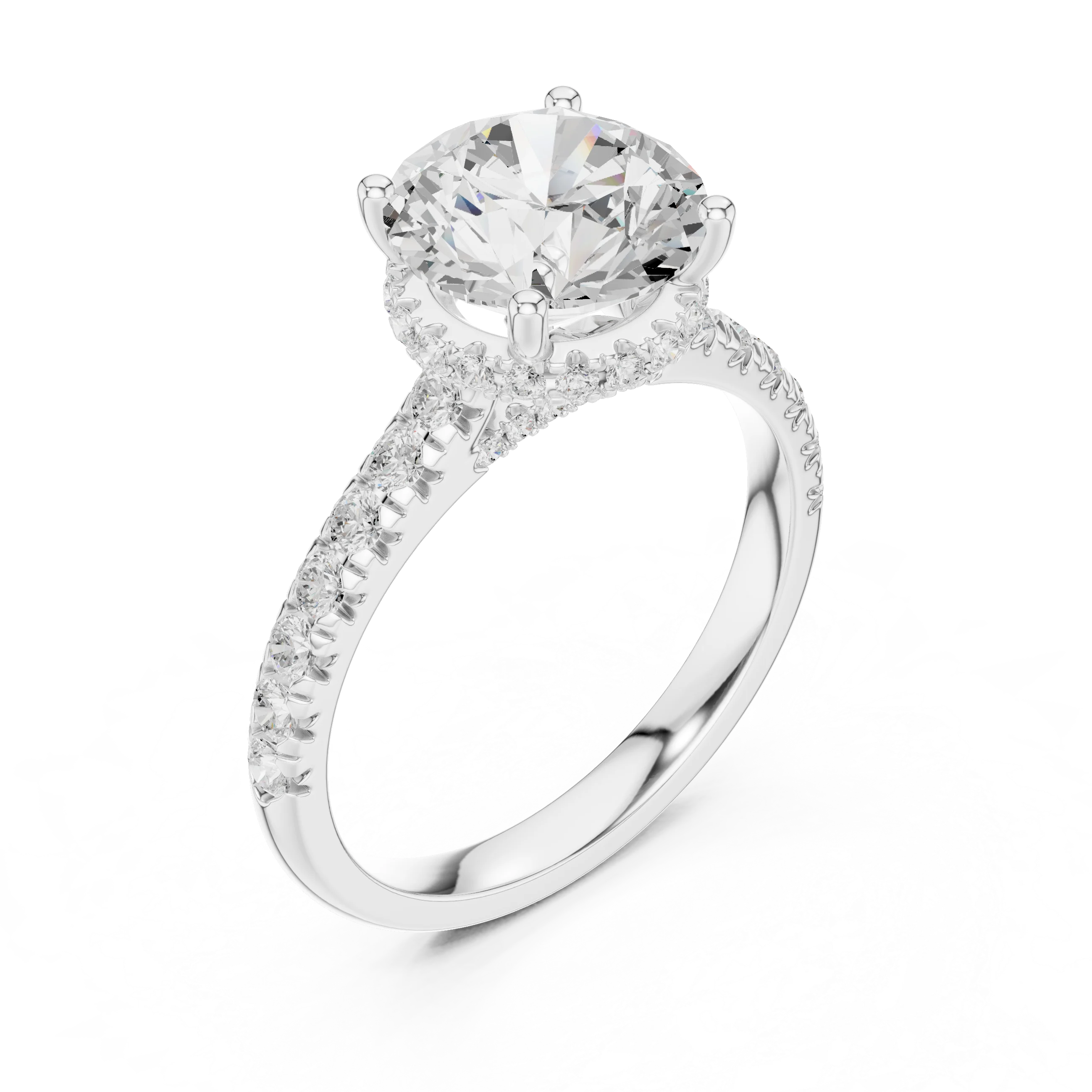 Round Cut Diamond Hidden Halo Engagement Ring with Pave Band