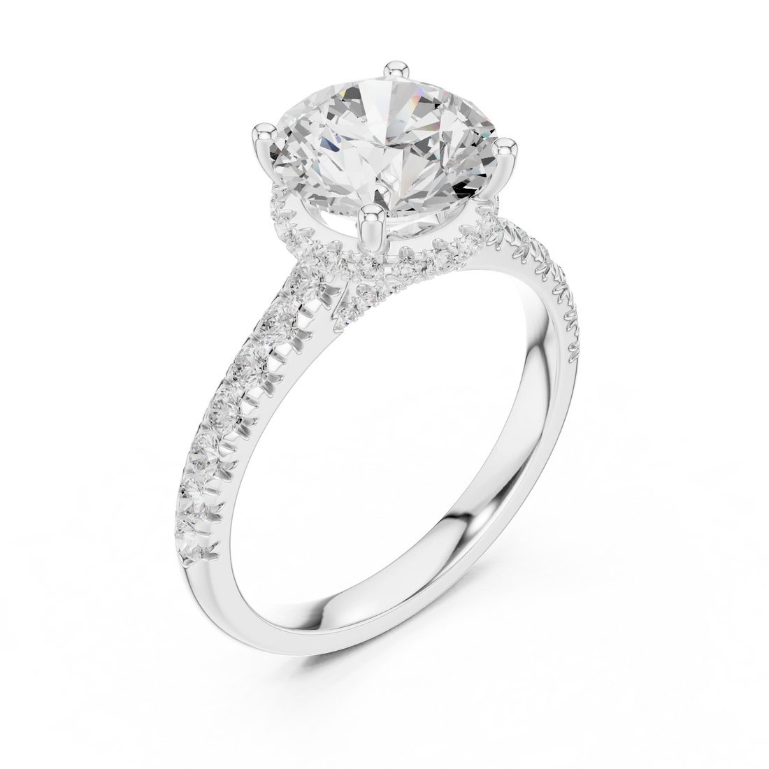 Round Cut Diamond Hidden Halo Engagement Ring with Pave Band