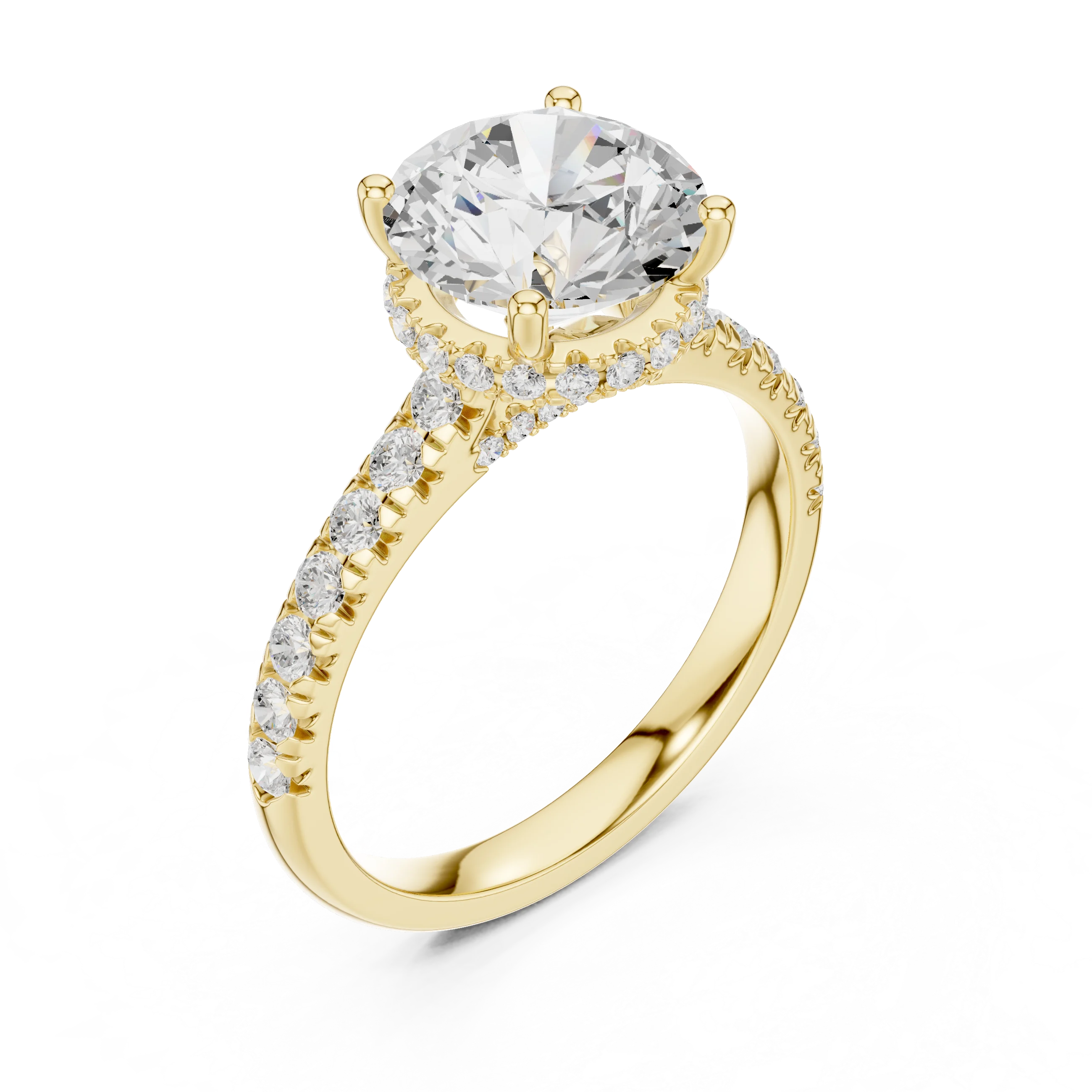 Round Cut Diamond Hidden Halo Engagement Ring with Pave Band