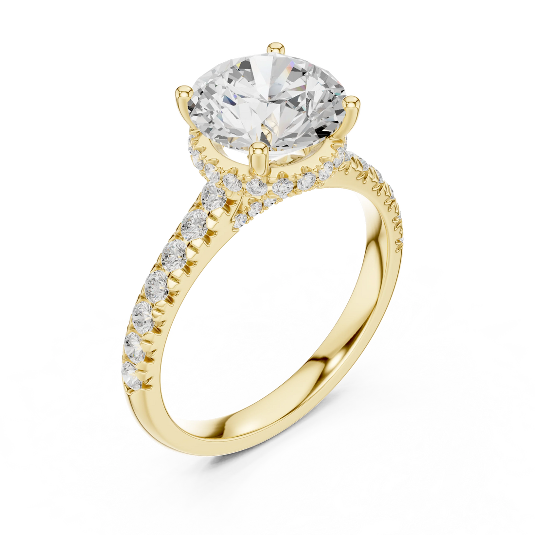 Round Cut Diamond Hidden Halo Engagement Ring with Pave Band